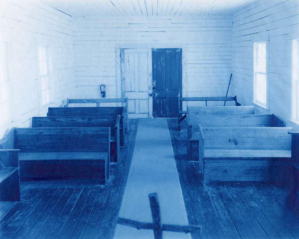 Emily J. Gómez, The First African Baptist Church (Interior), 2019, New Cyanotype on Wyndstone Vellum, 14x16"