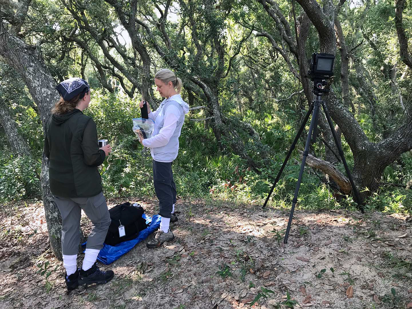 Emily and Christa photographing the maritime forest at Stafford