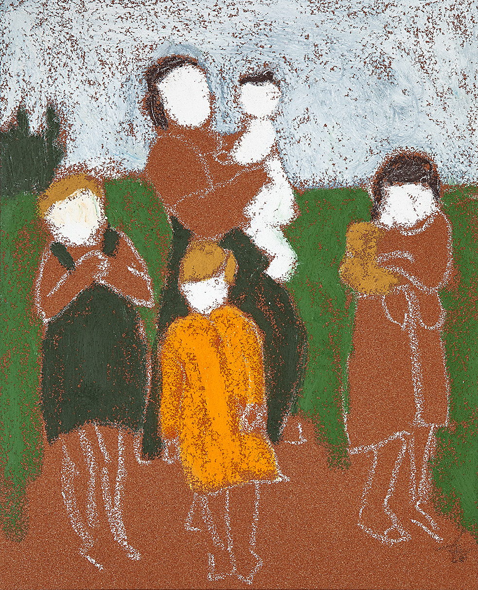 M. mit Kindern (Ölkreide/Sandpapier)