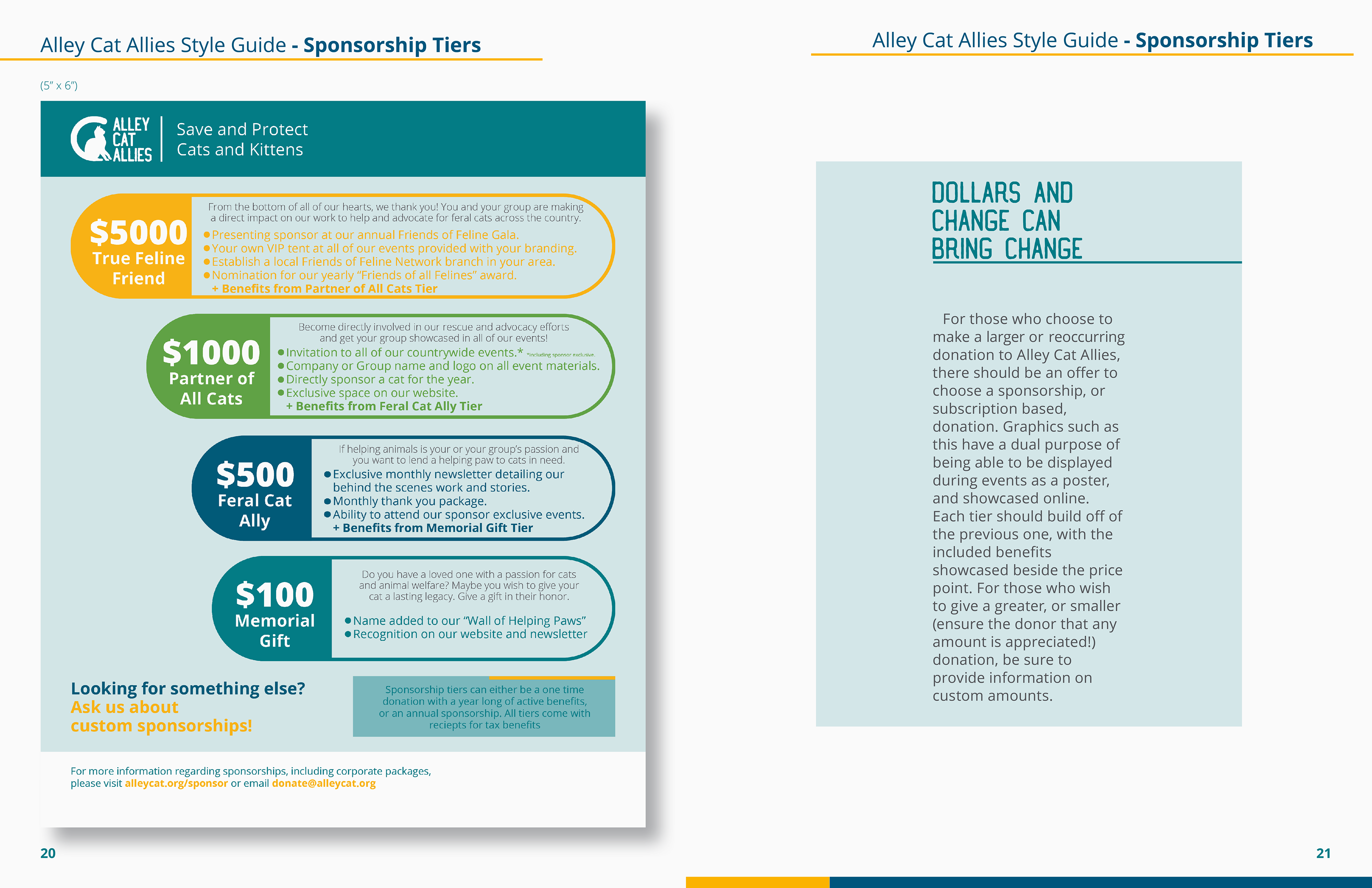 Charity Rebranding Assignment - Alley Cat Allies Brand Identity and Style Guide - Written and Designed: Sponsorship Tiers - September-November 2022