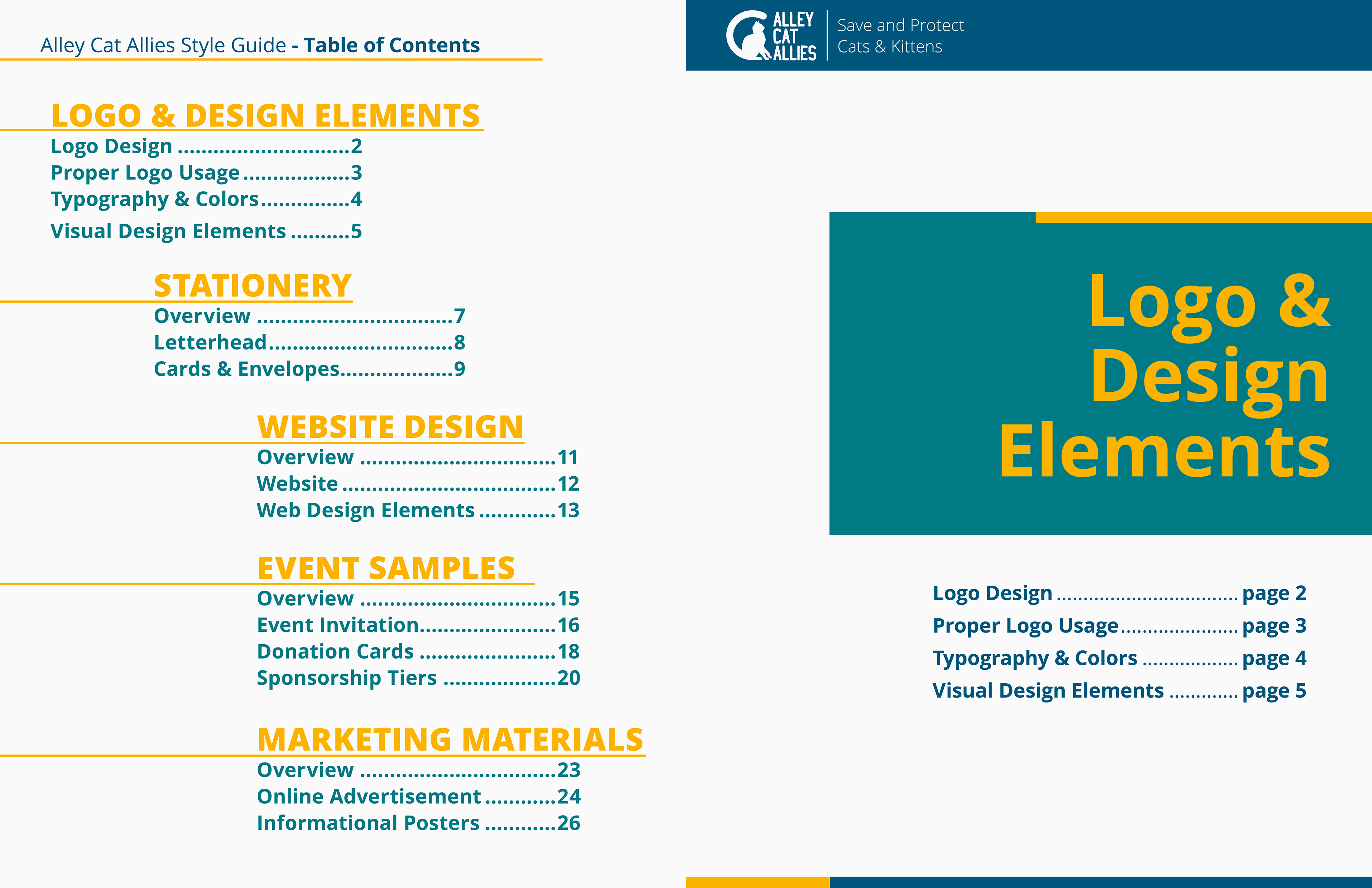 Charity Rebranding Assignment - Alley Cat Allies Brand Identity and Style Guide: Table of Contents - Written and Designed - September-November 2022