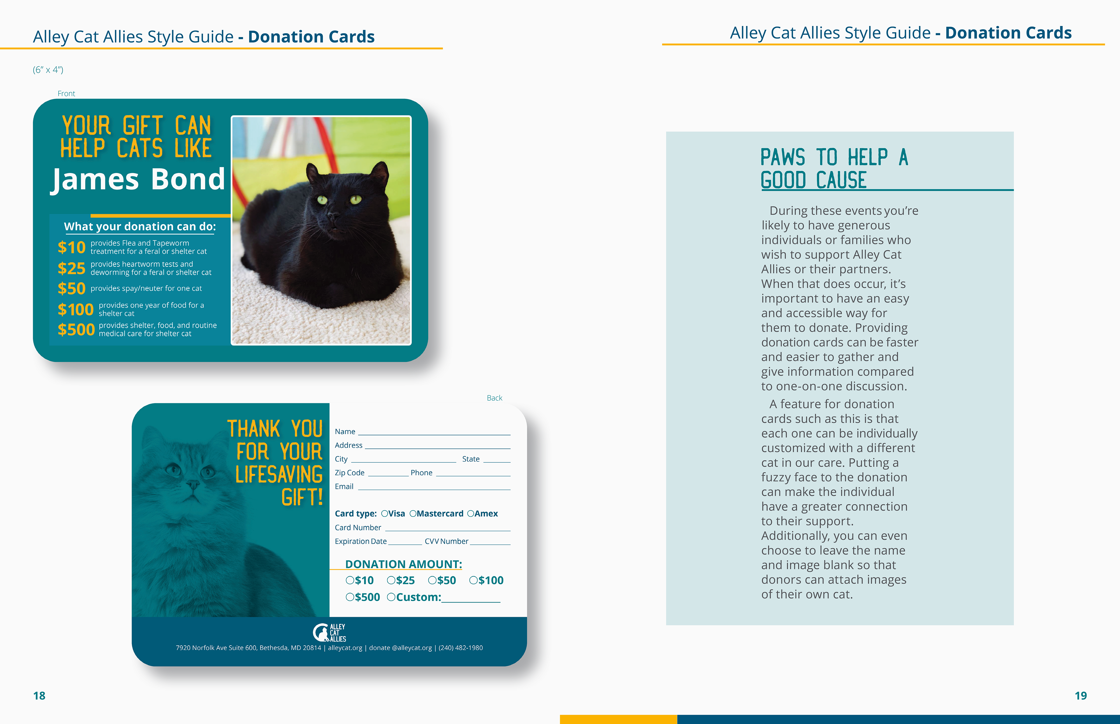 Charity Rebranding Assignment - Alley Cat Allies Brand Identity and Style Guide: Donation Cards - Written and Designed - September-November 2022