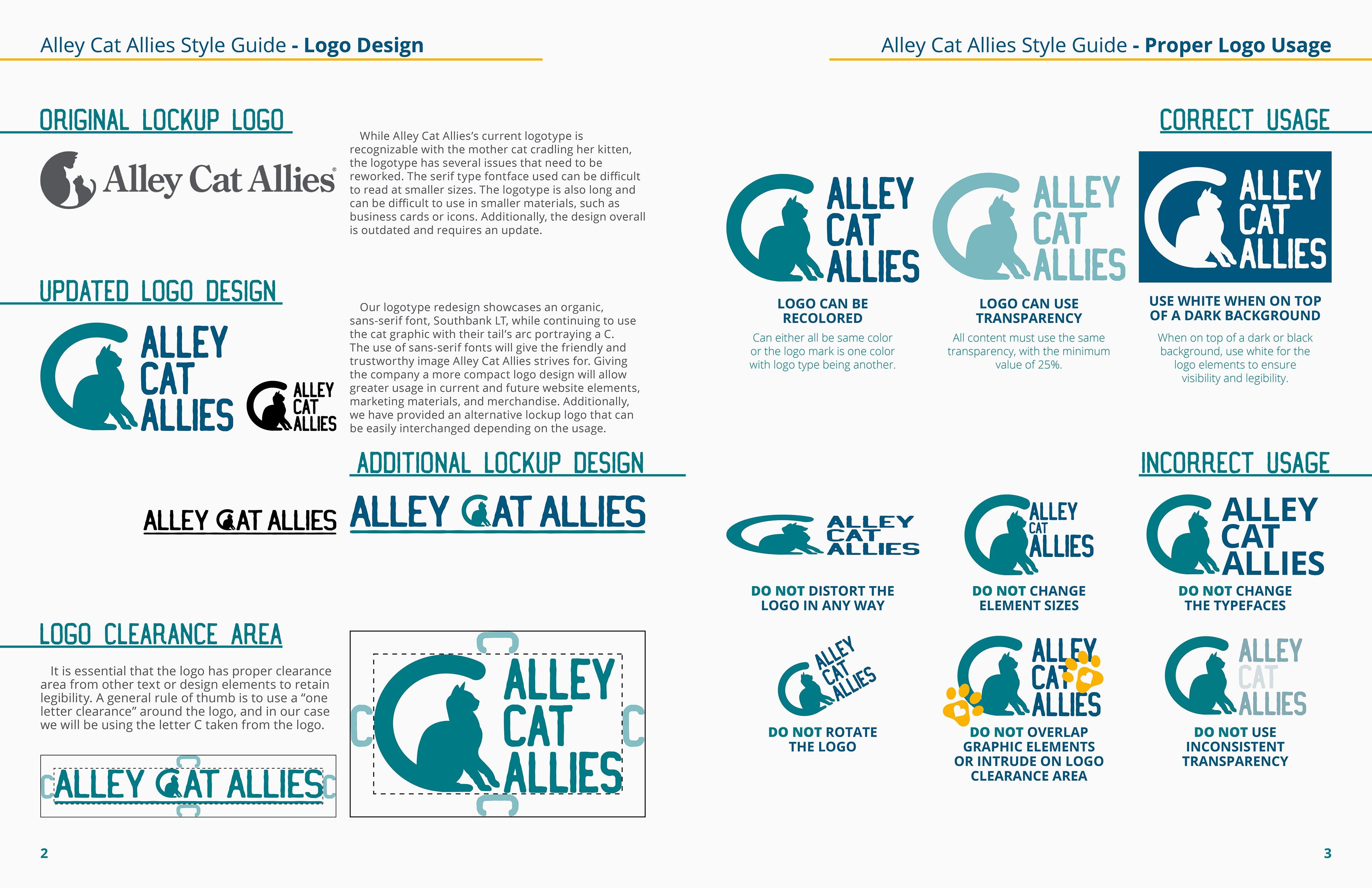 Charity Rebranding Assignment - Alley Cat Allies Brand Identity and Style Guide: Logo Design and Usage - Written and Designed - September-November 2022