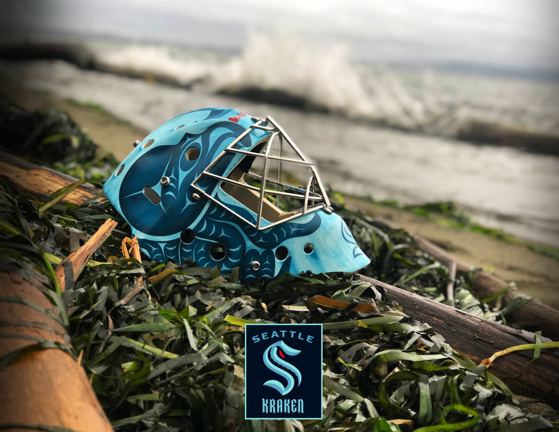 Side view with waves crashing in the background as if the helmet was found in the wreckage of a Kraken attack