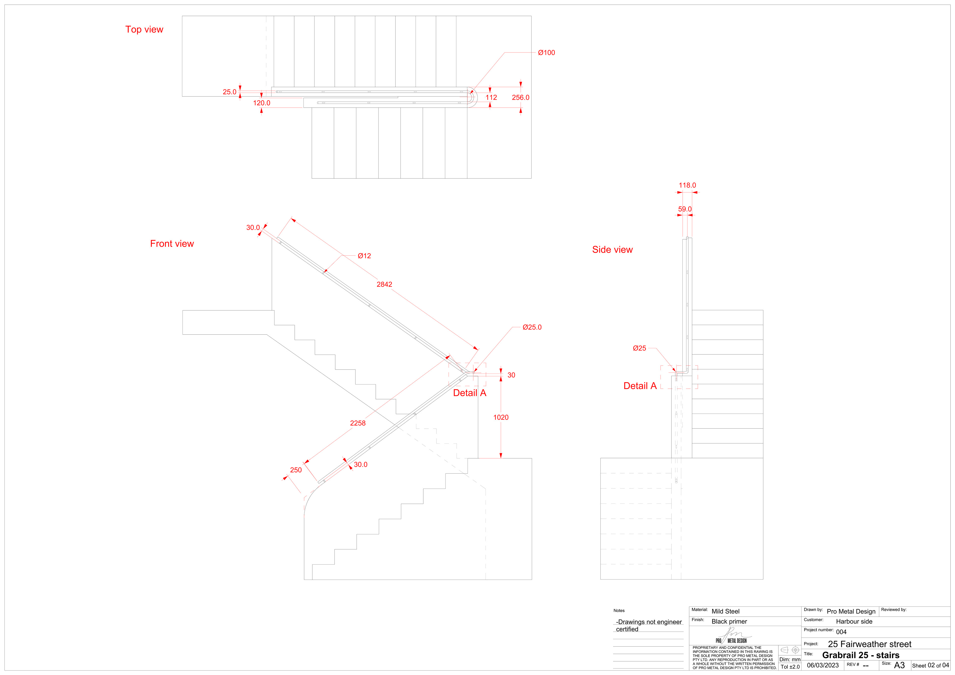 Plan avec 2 vues, d'une rambarde d'escalier