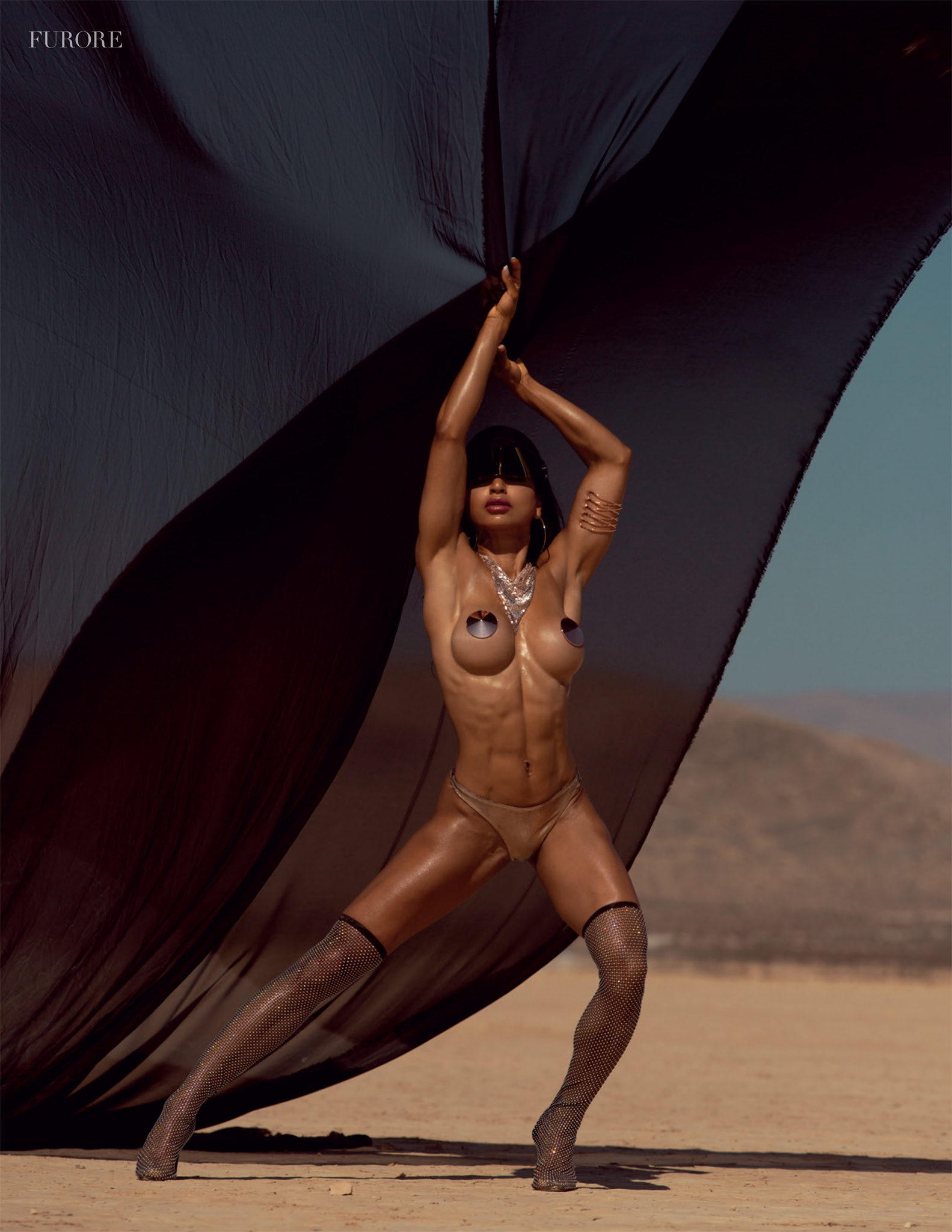 Fitness athlete in minimal glamouros outfit, dramatic lighting and geometric shapes, photography by Kai York, FURORE Magazine