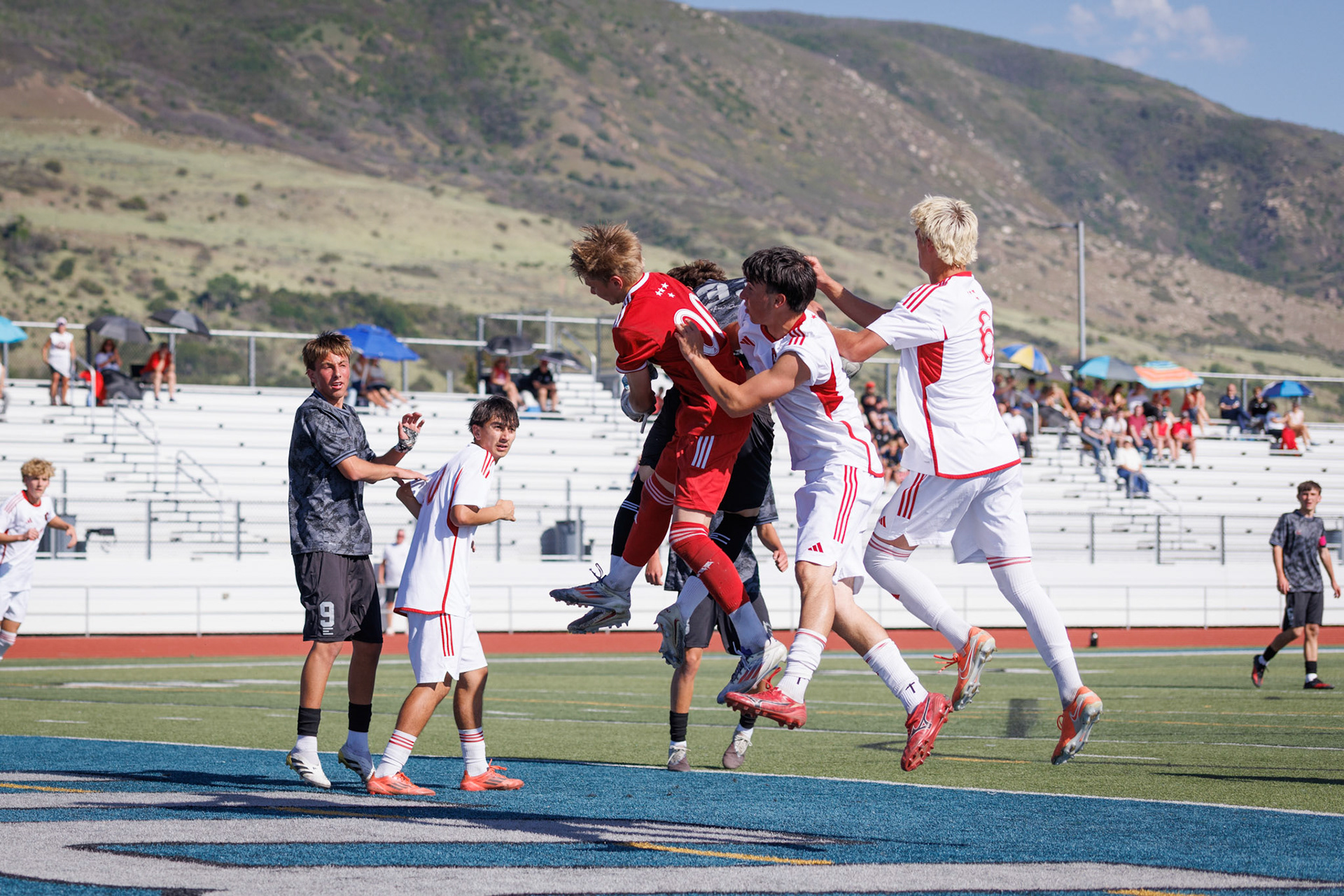 American Fork Keeper Jake Thompson (0) makes a save during the first round of state playoffs.