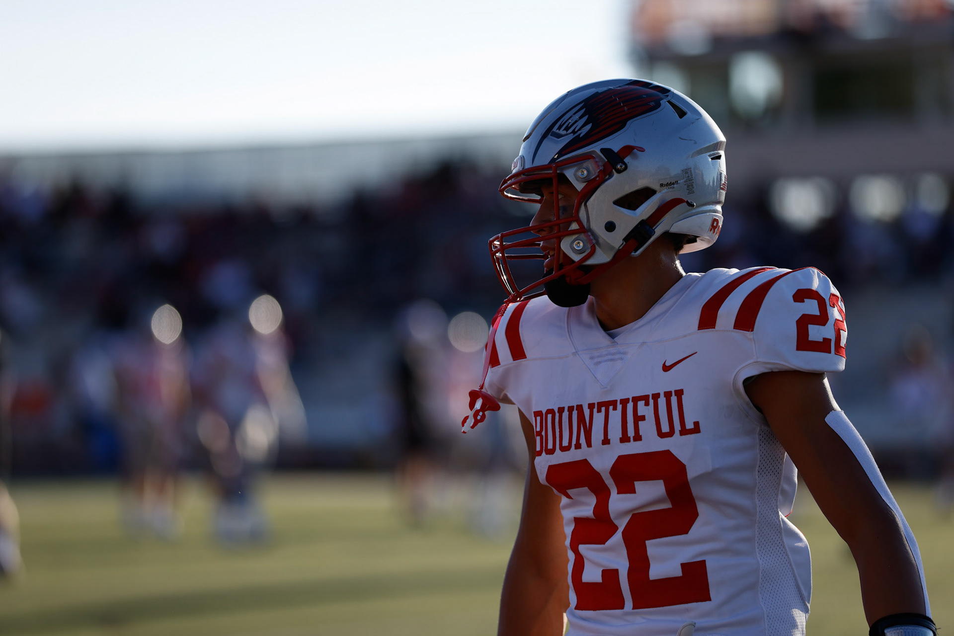 Lakepa Satuala (22) looks on during warm ups as Bountiful visits Farmington.