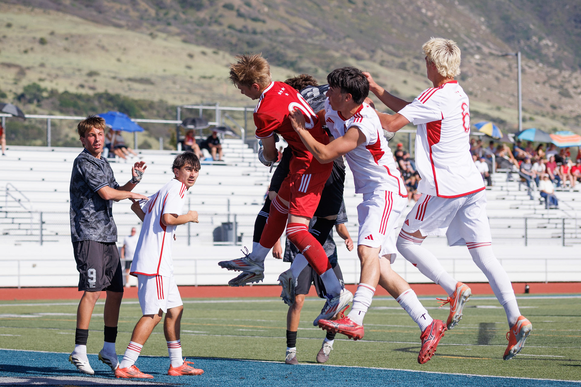 American Fork Keeper Jake Thompson (0) makes a save during the first round of state playoffs.