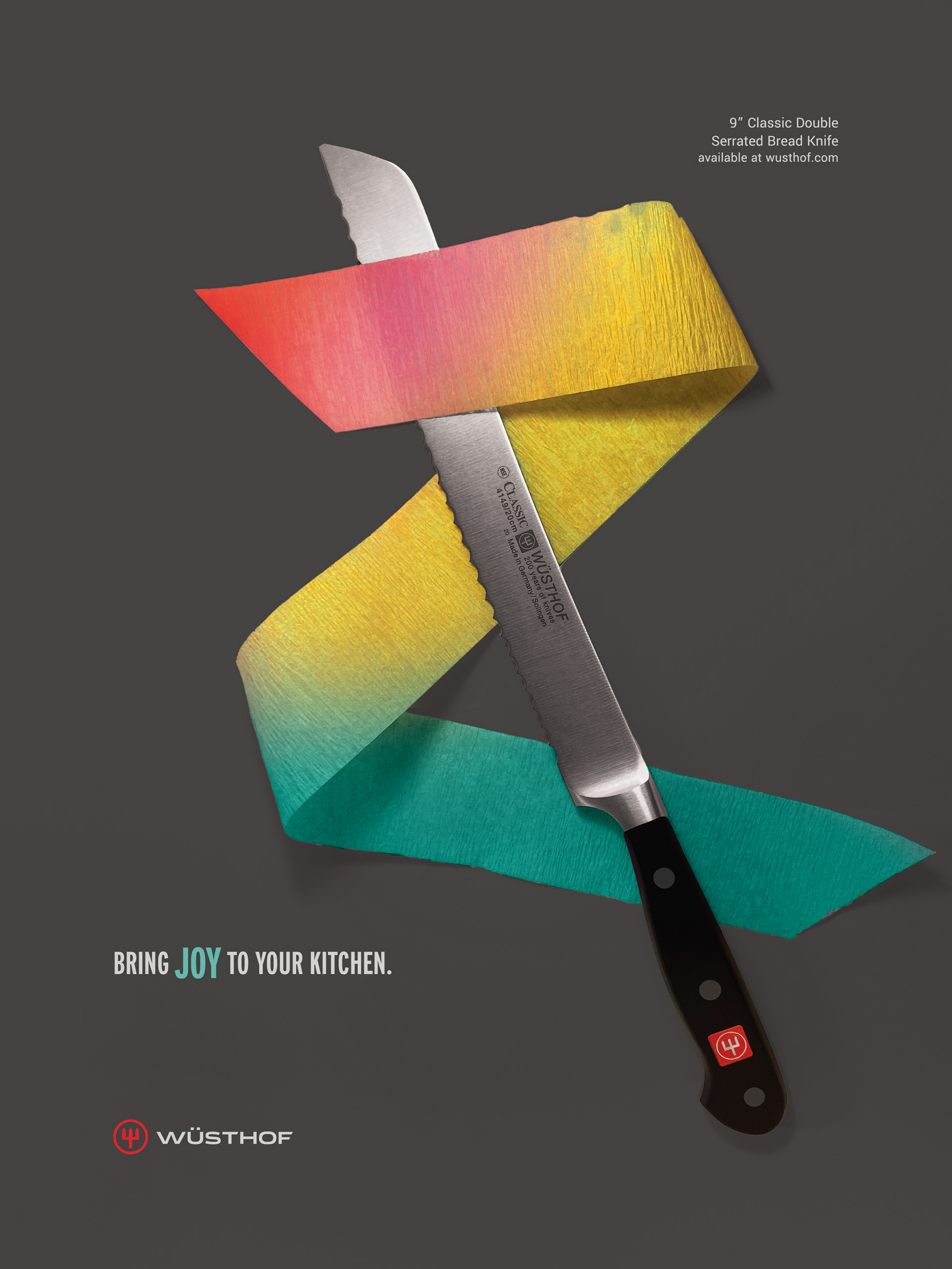Wüsthof Knives Ad: Serrated Bread Knife wrapped in a colorful ribbon with tagline "Bring Joy to Your Kitchen"