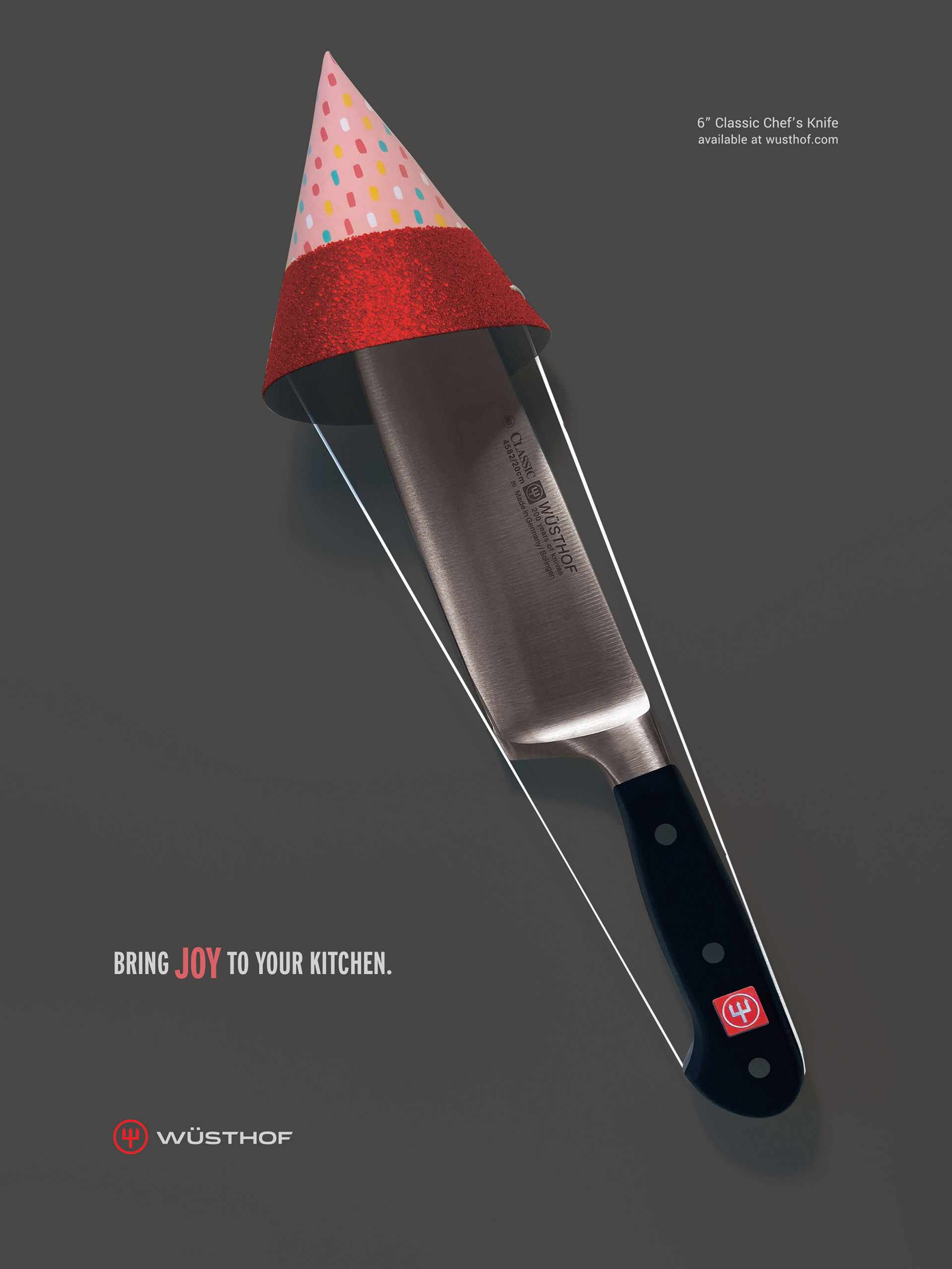 Wüsthof Knives Poster: Chef's Knife wearing a colorful party hat with tagline "Bring Joy to Your Kitchen"