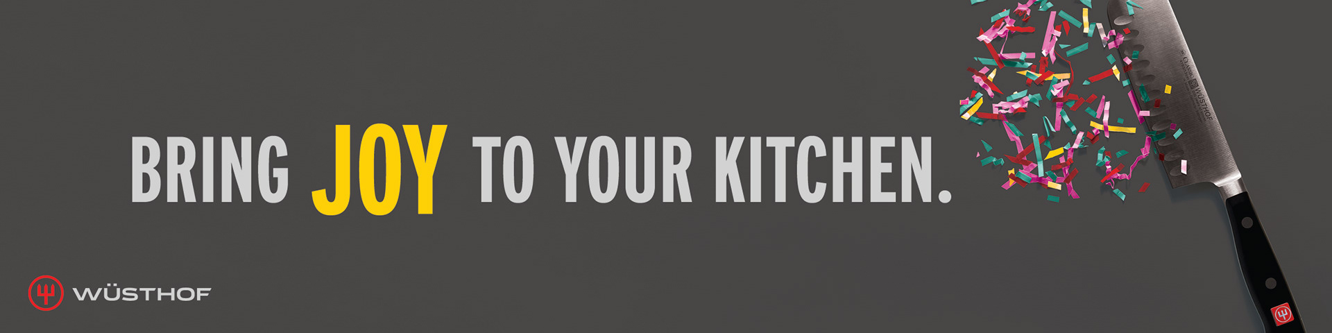 Wüsthof Knives Web Banner Ad: Nakiri Knife chopping colorful confetti with tagline "Bring Joy to Your Kitchen"