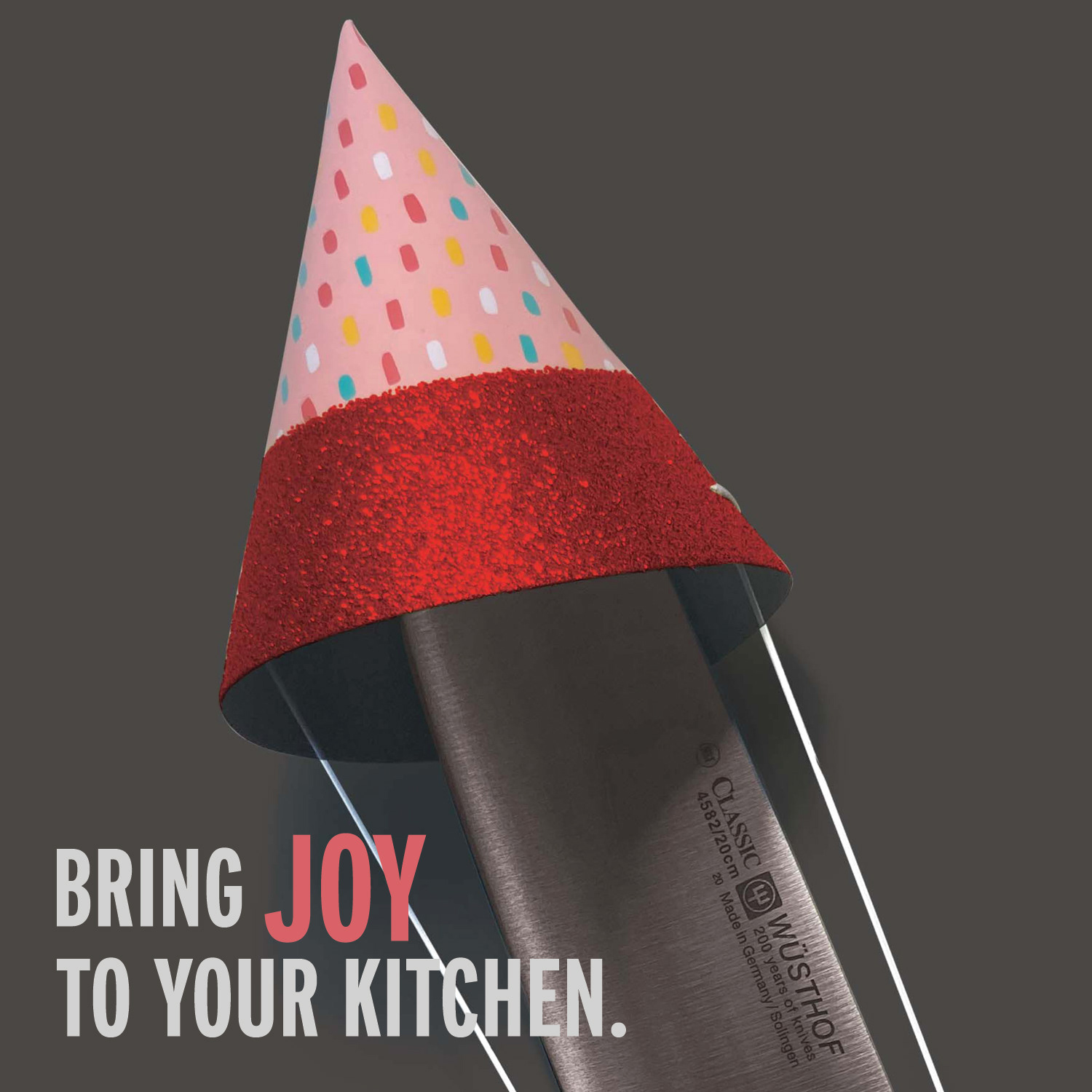 Wüsthof Knives Square Ad: Chef's Knife chopping colorful confetti with tagline "Bring Joy to Your Kitchen"