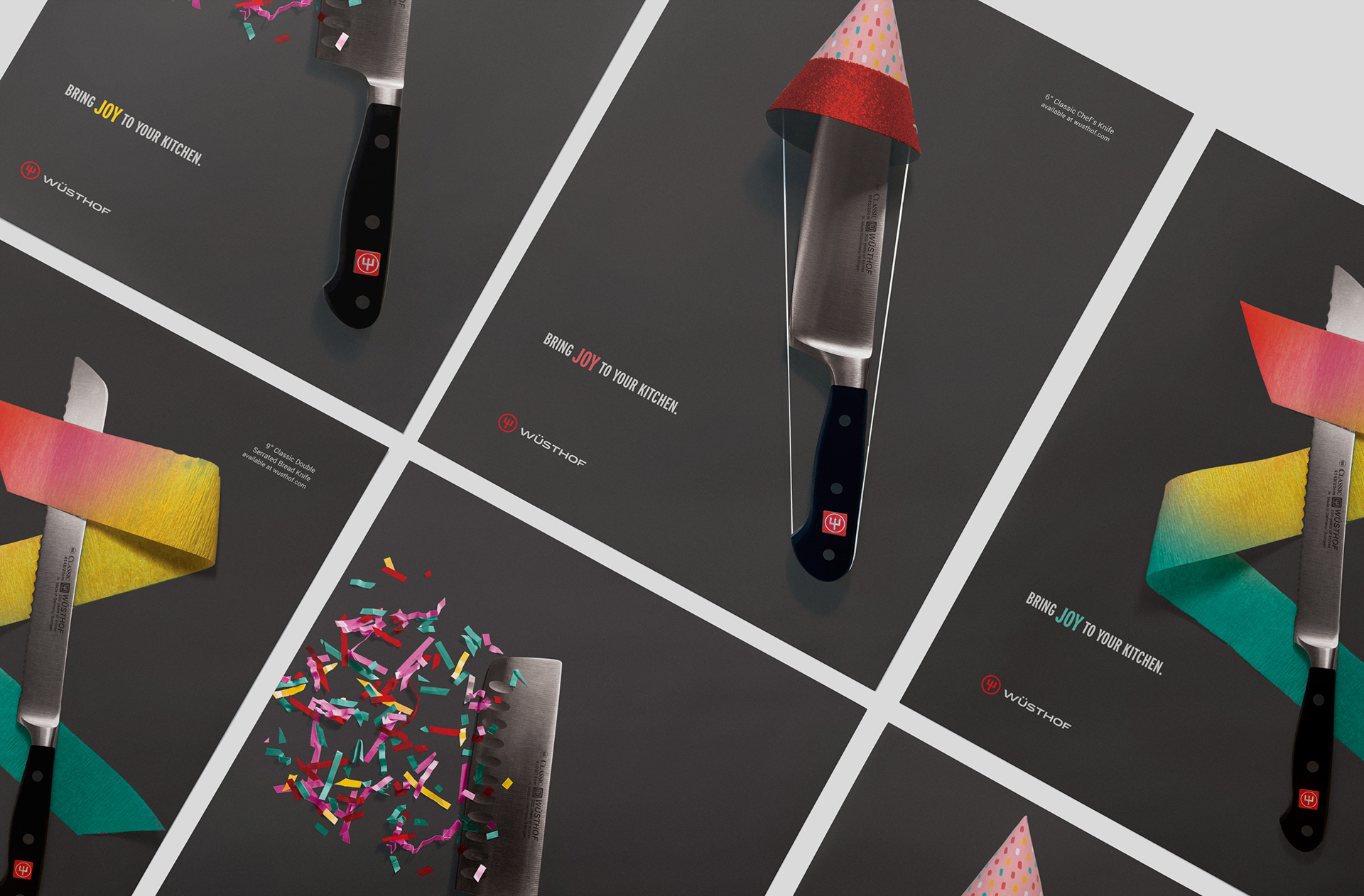 Mockup of Wüsthof Knives Posters featuring knives and colorful party materials with tagline "Bring Joy to Your Kitchen"
