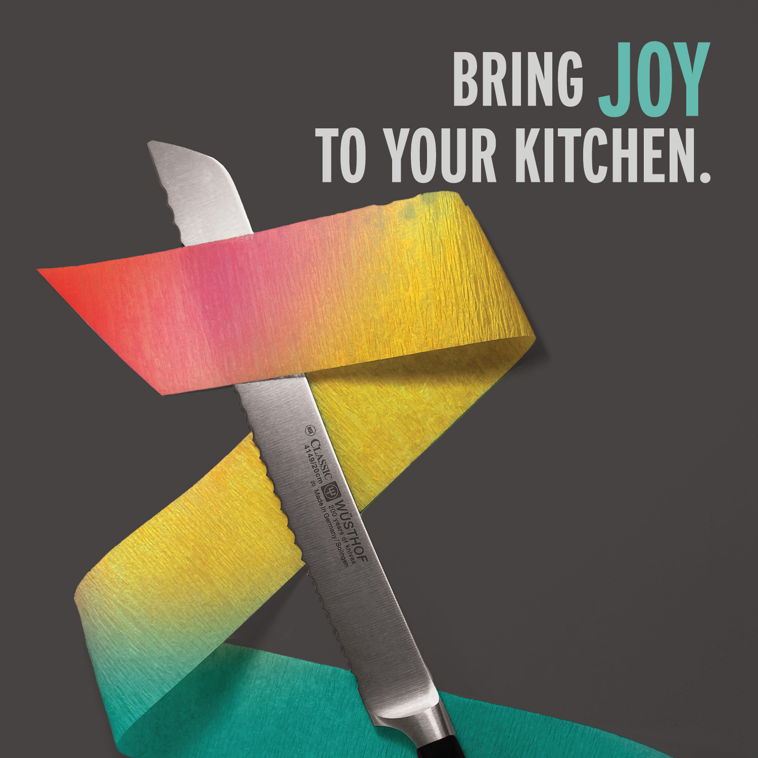 Wüsthof Knives Square Ad: Serrated Bread Knife chopping colorful confetti with tagline "Bring Joy to Your Kitchen"