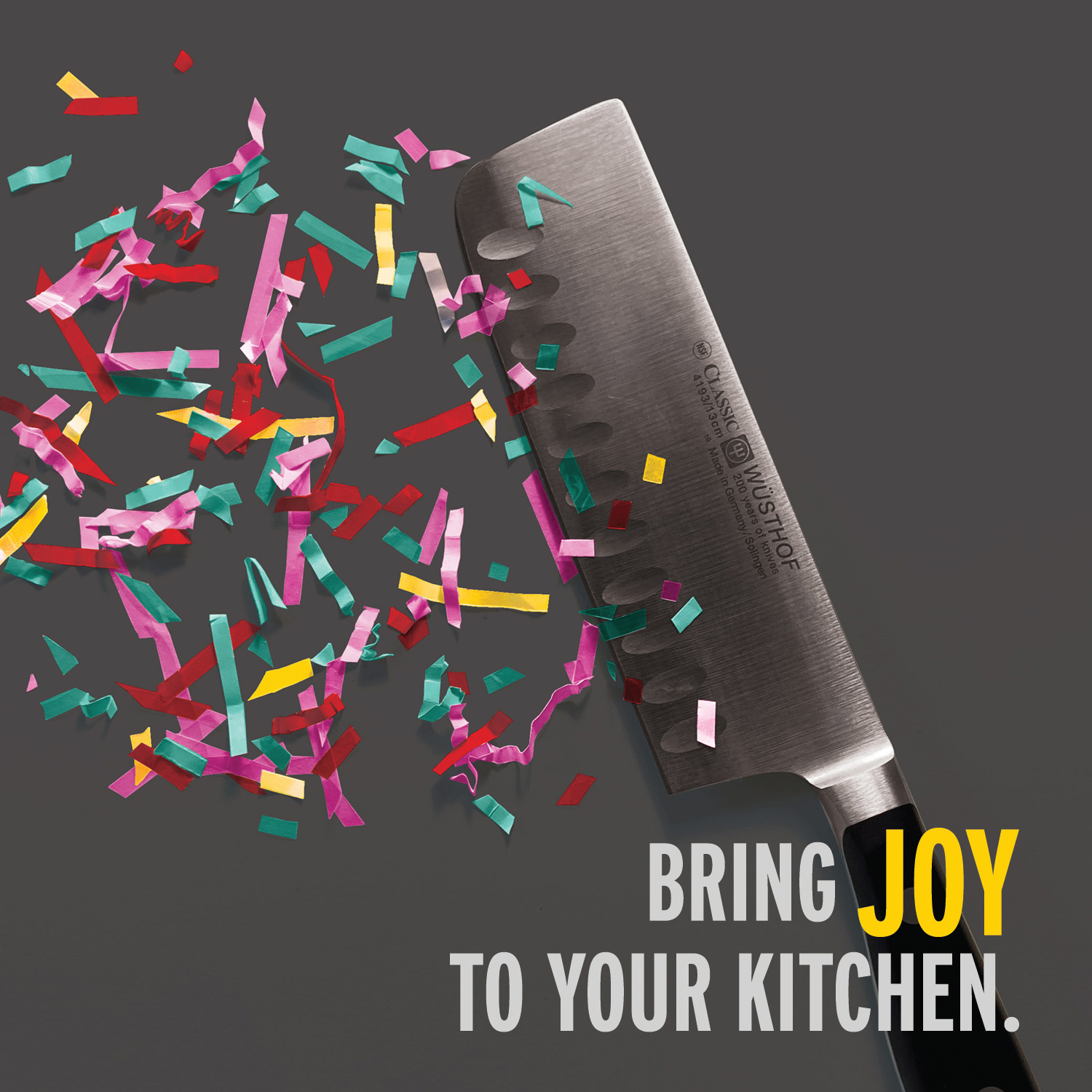 Wüsthof Knives Square Ad: Nakiri Knife chopping colorful confetti with tagline "Bring Joy to Your Kitchen"
