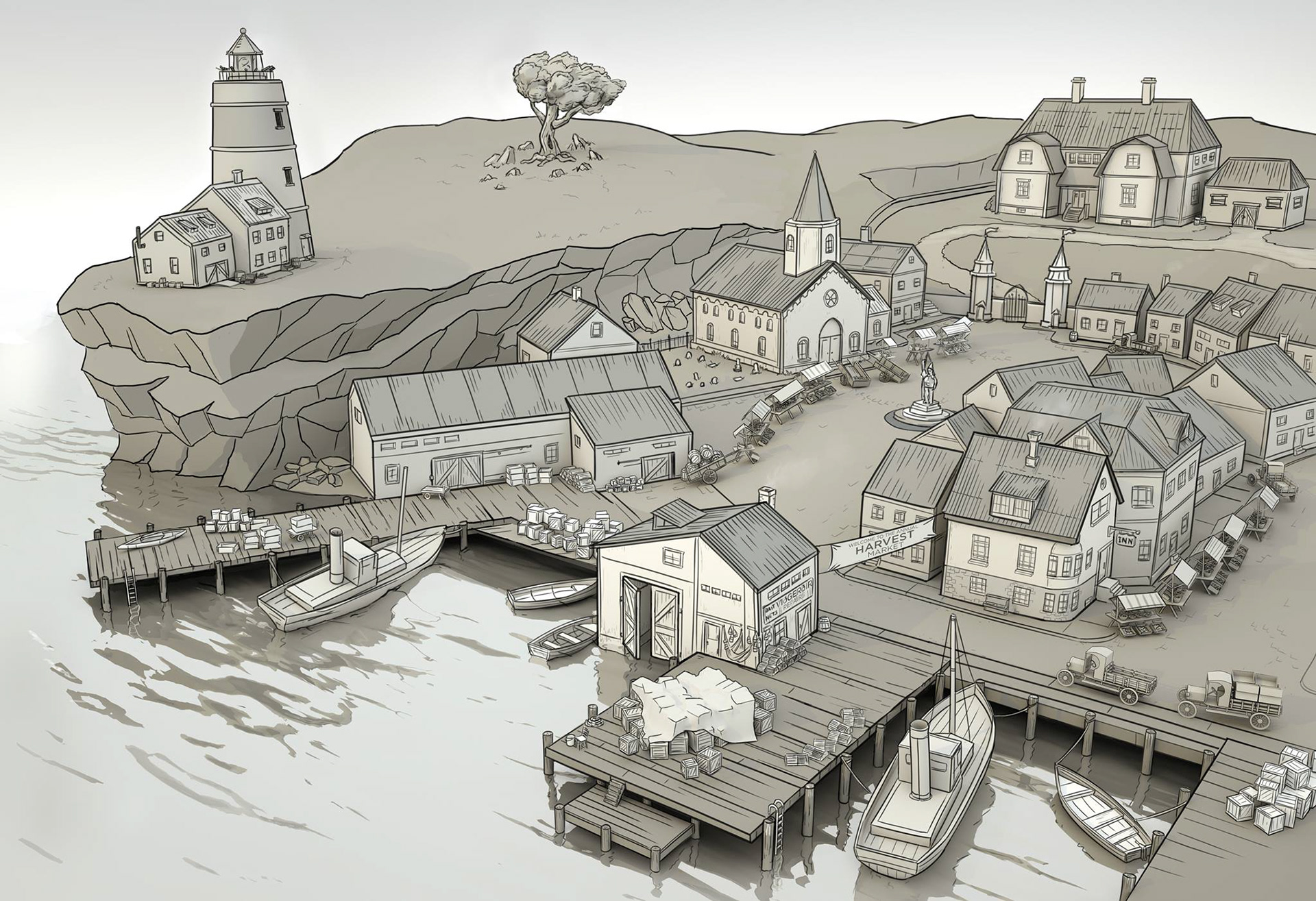   A production shot of an RPG village, where our hero first comes ashore. The mysterious old tree and the hermit's lighthouse are visible from the docks. 