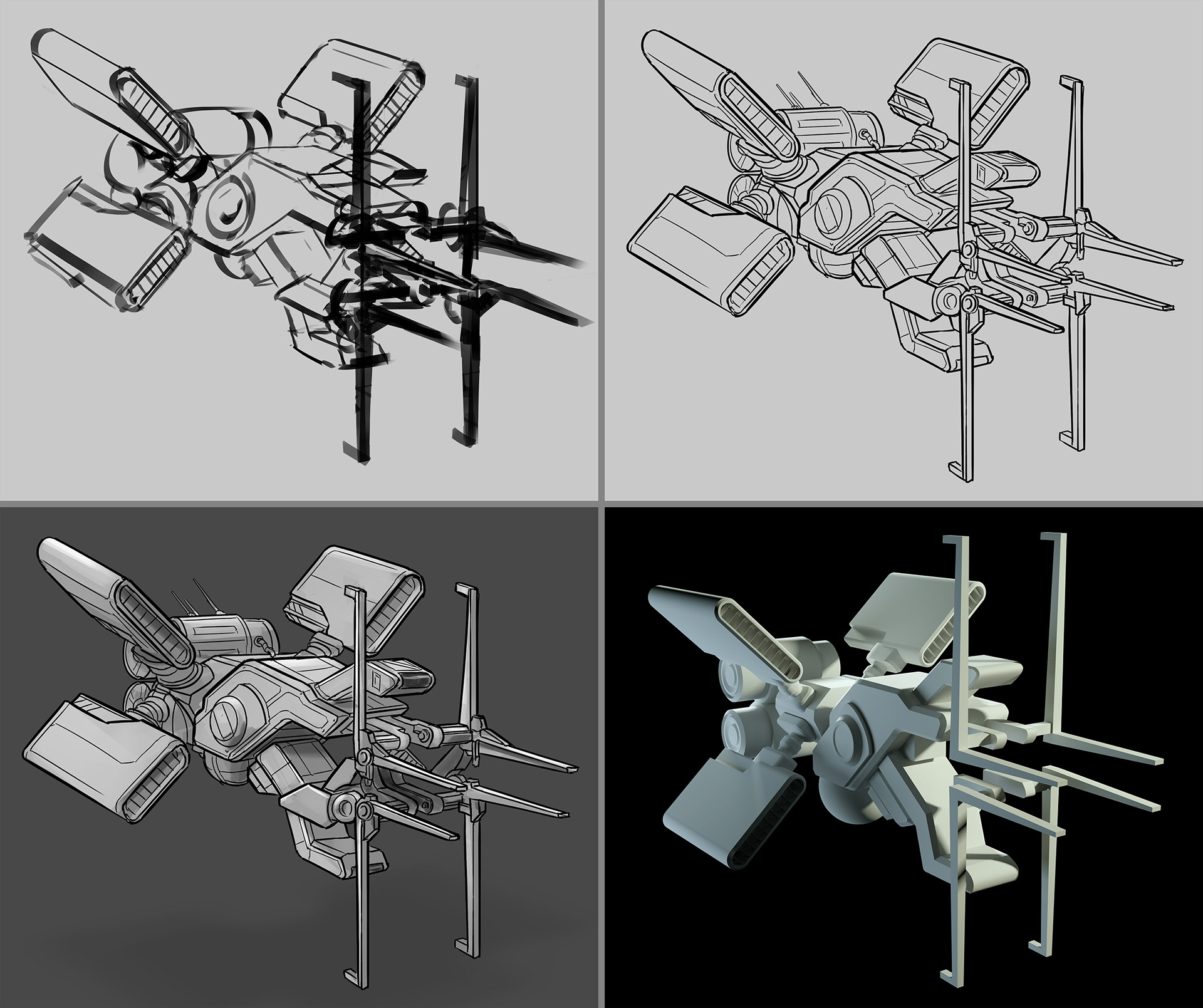   The process of ship design follows some or all of these steps: sketch, linework, shading, and 3D model. 