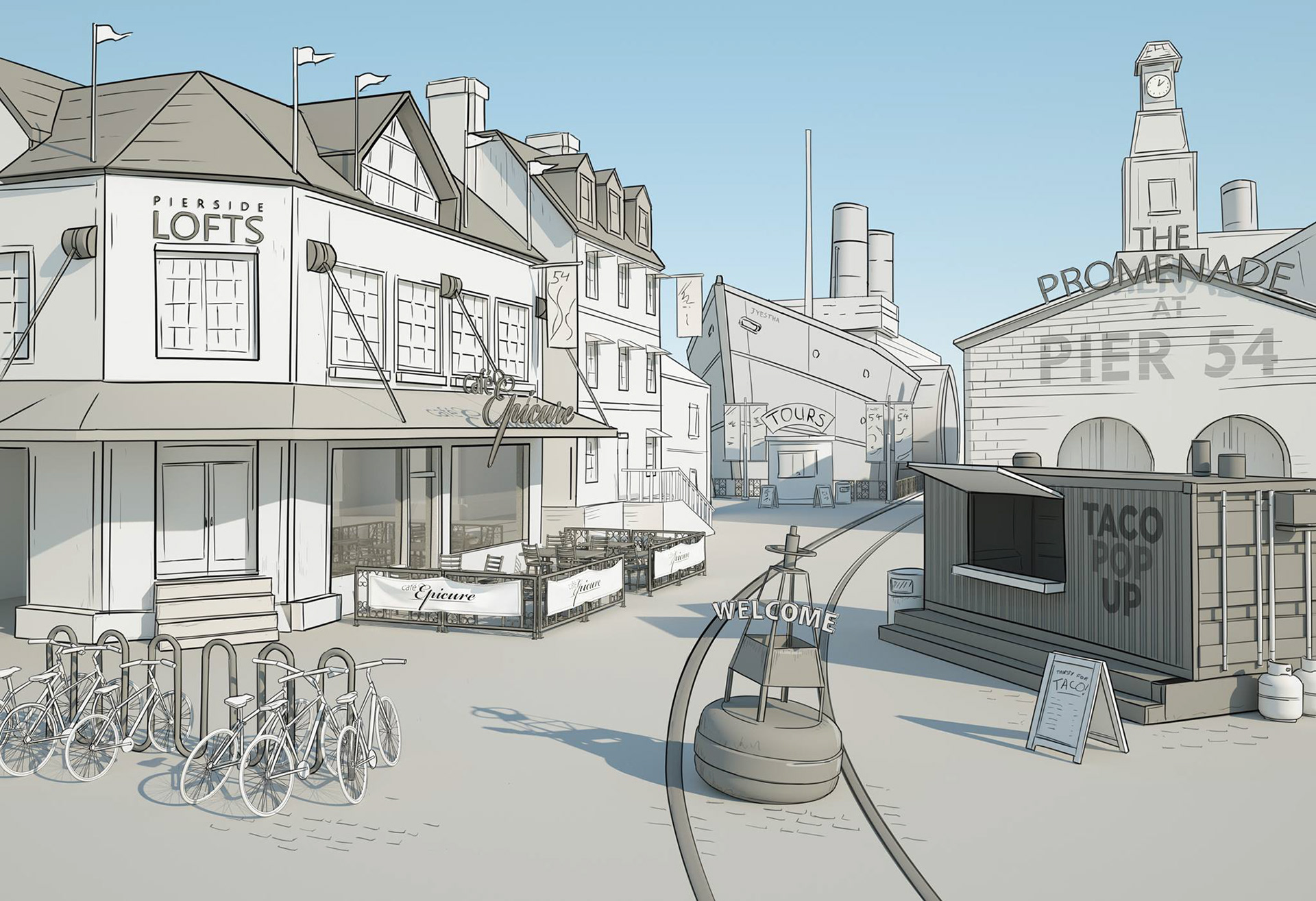   Present day Pier 54 has become a shopping district, with old structures repurposed for a younger crowd. 