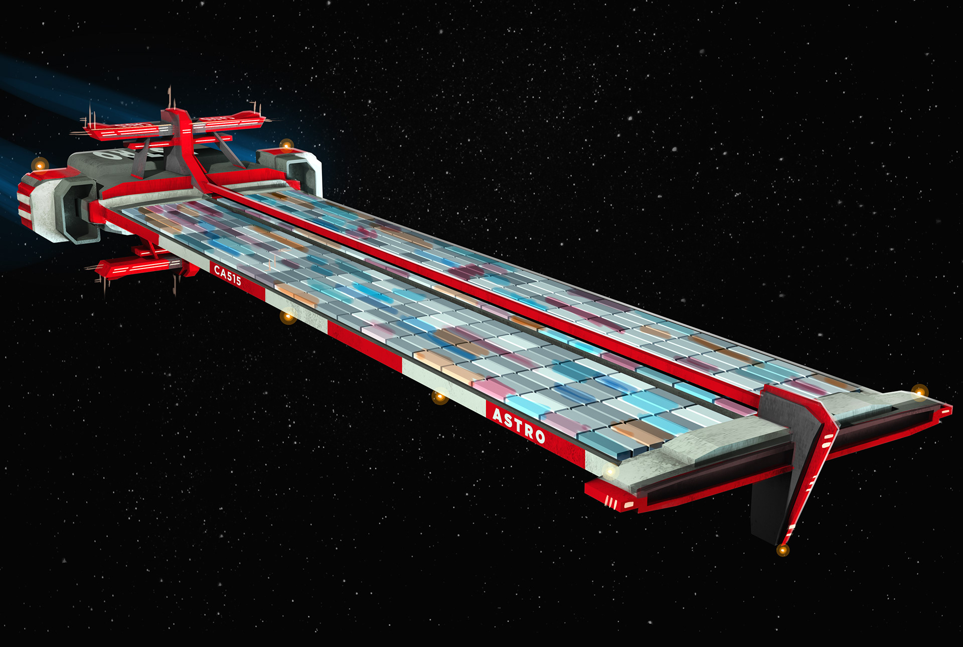   Multimodal megacontainers are as handy in space as they are in atmo, so moving them is vitally important to interstellar commerce. Freighters like this one move them where they need to go. 