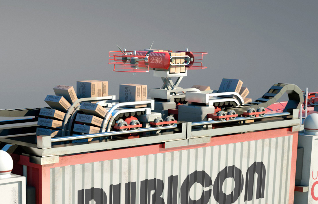 The vehicle's autoloader intelligently selects packages from the container and loads them onto drones for delivery.