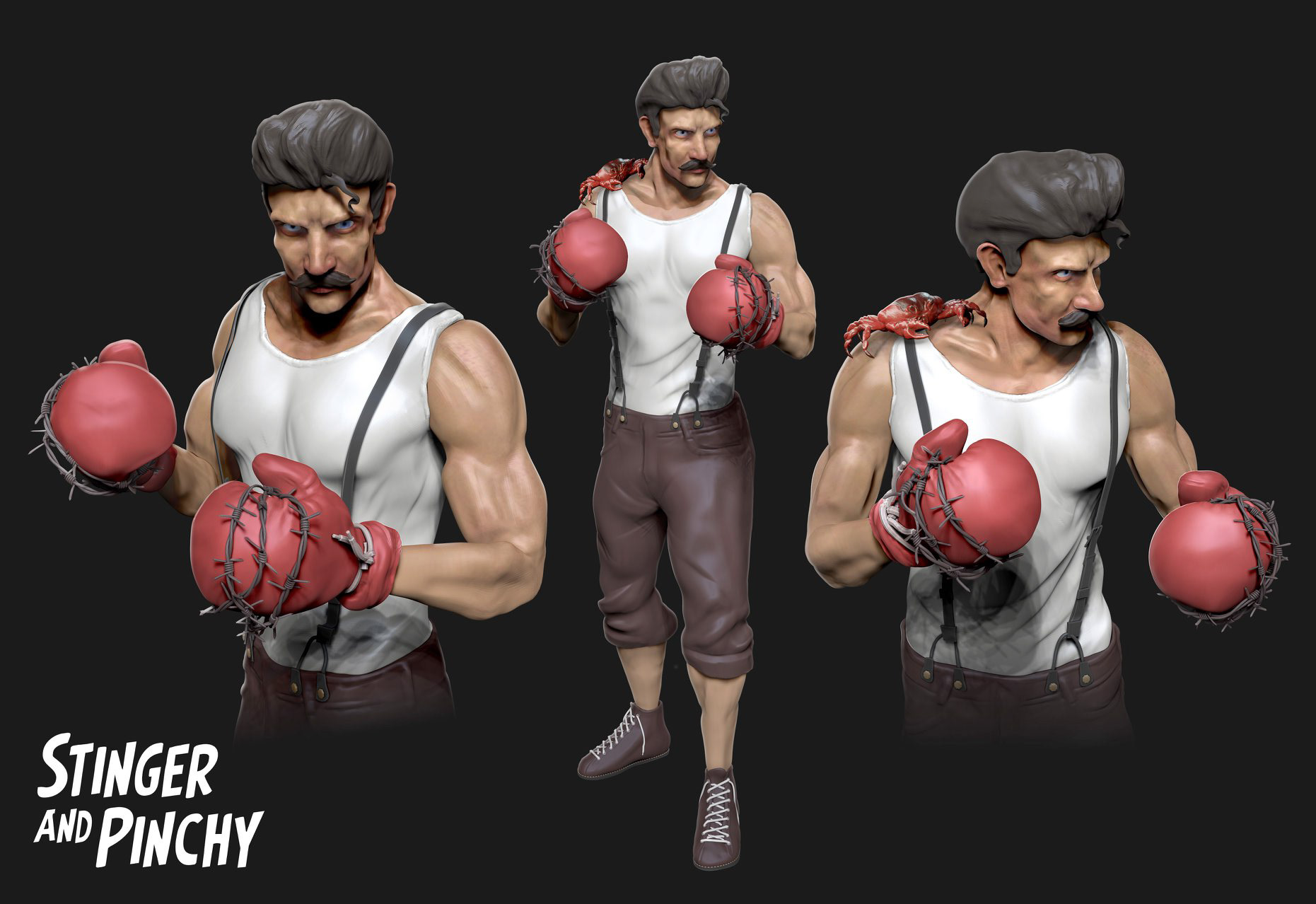 A 1920s boxer character and his crab friend, modeled in ZBrush and rendered in Cinema 4d/Octane. The boxer has barbed wire wrapped around his boxing glove. We called that the stinger. They don't let you use that no more.