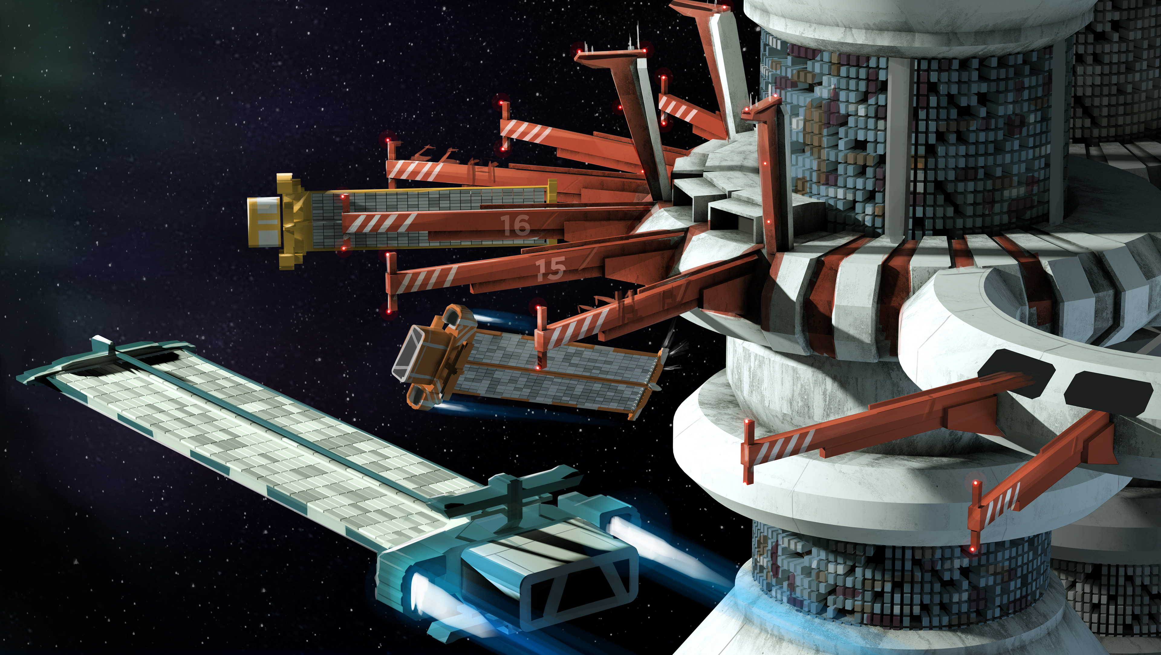   Ships come and go 36 hours a day at the numerous port spires. A robust pseudo-autonomous inventory system gets the cargo where it needs to go. 