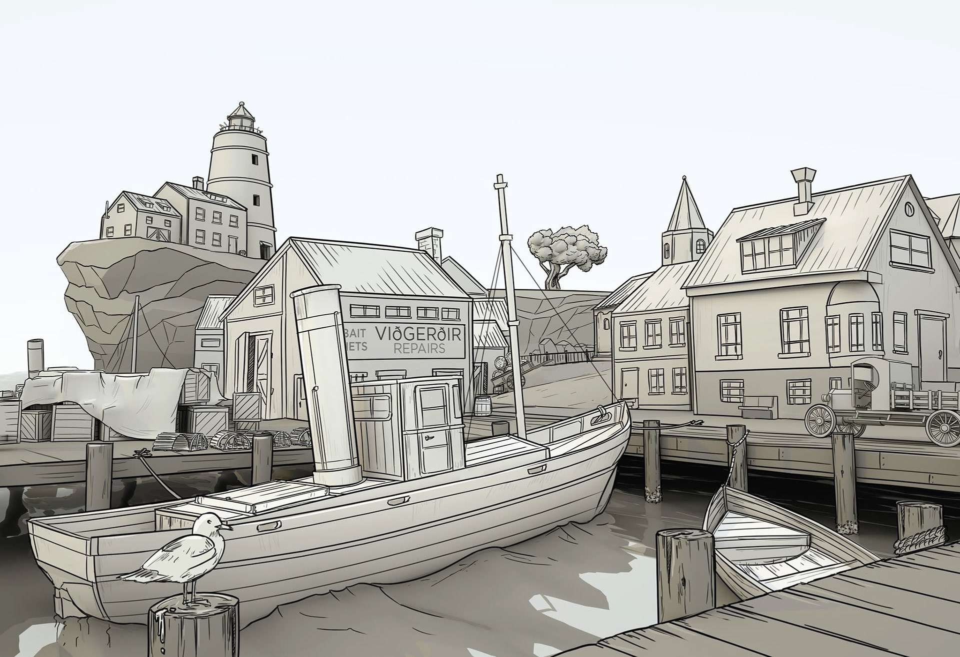   A production shot of an RPG village, where our hero first comes ashore. The mysterious old tree and the hermit's lighthouse are visible from the docks. 