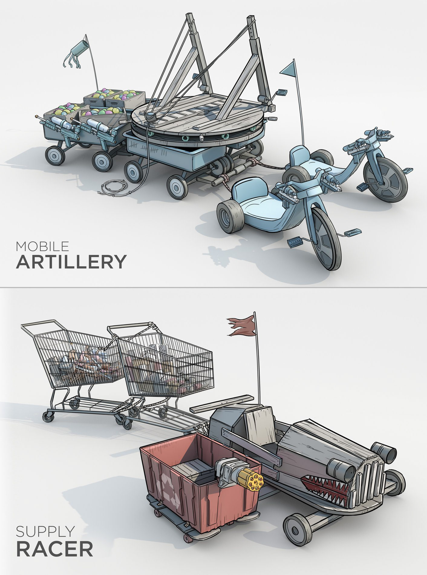 The two kid factions have each constructed their own vehicles. 