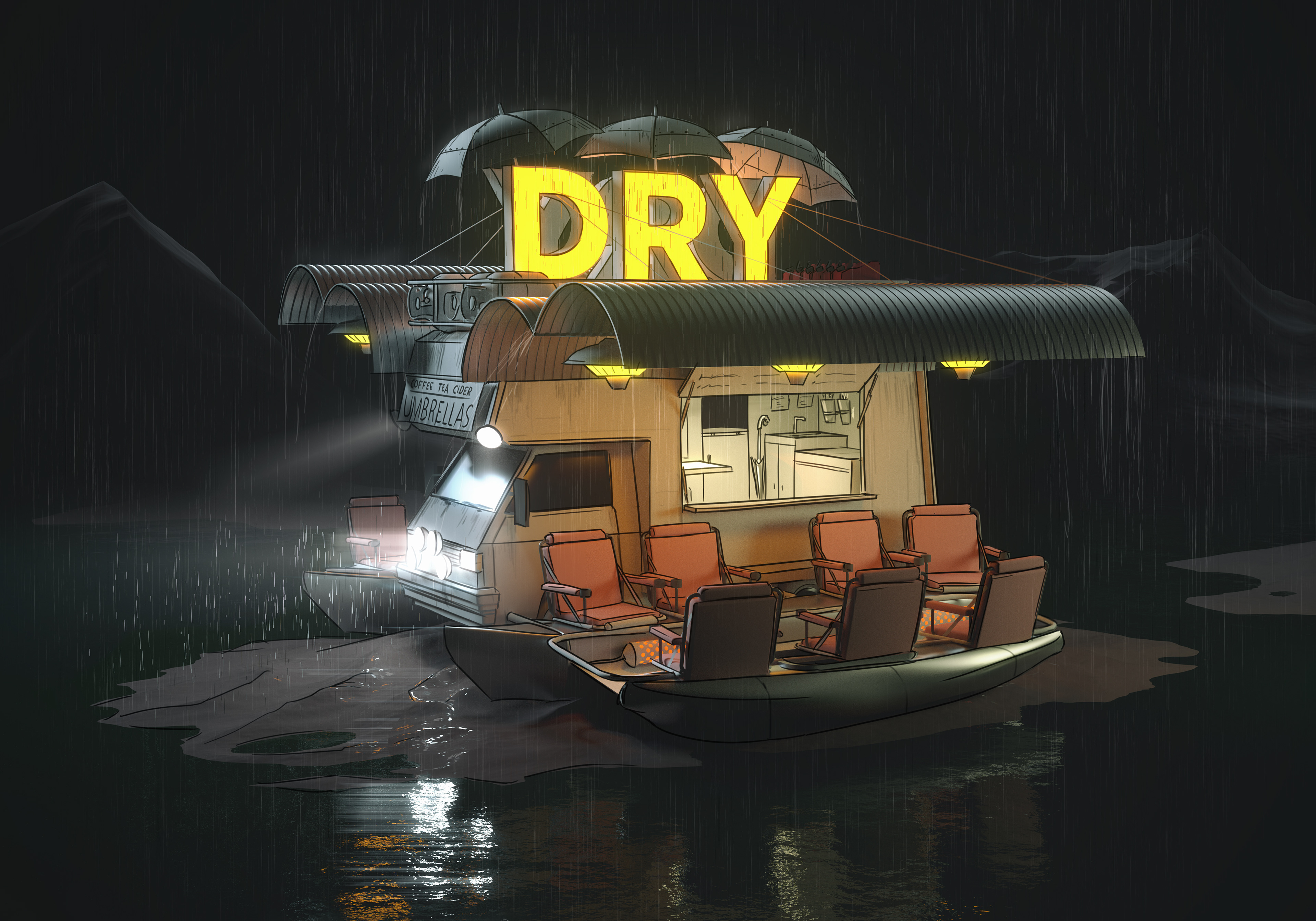  In a future of perpetual rain, people need a warm, dry place to rest their weary bones. Enter...the Dry Station. 