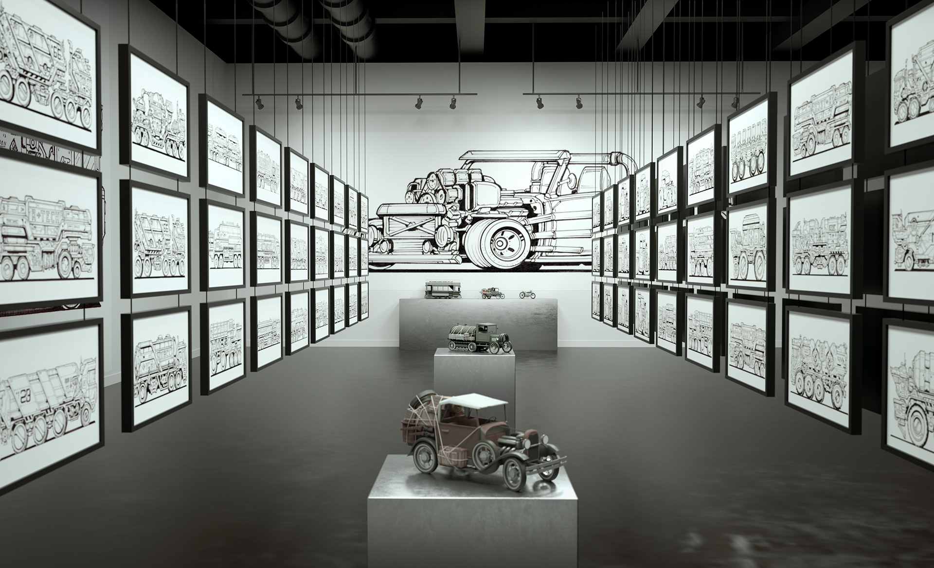 A tunnel of pen drawings of cars and trucks.