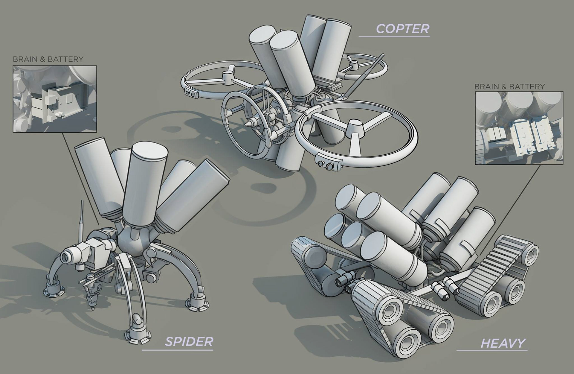 Three graffiti drone concepts, one flying, one scampering, and one rolling on treads.