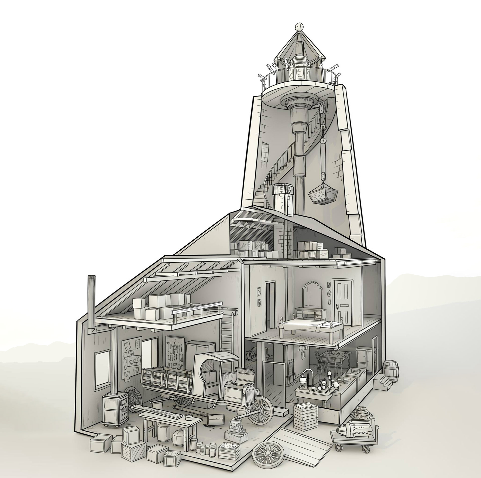   The hermit's lighthouse home is a nest of gadgets and experiments. After his wife passed, the lighthouse keeper occupied his mind with endless tinkering. 