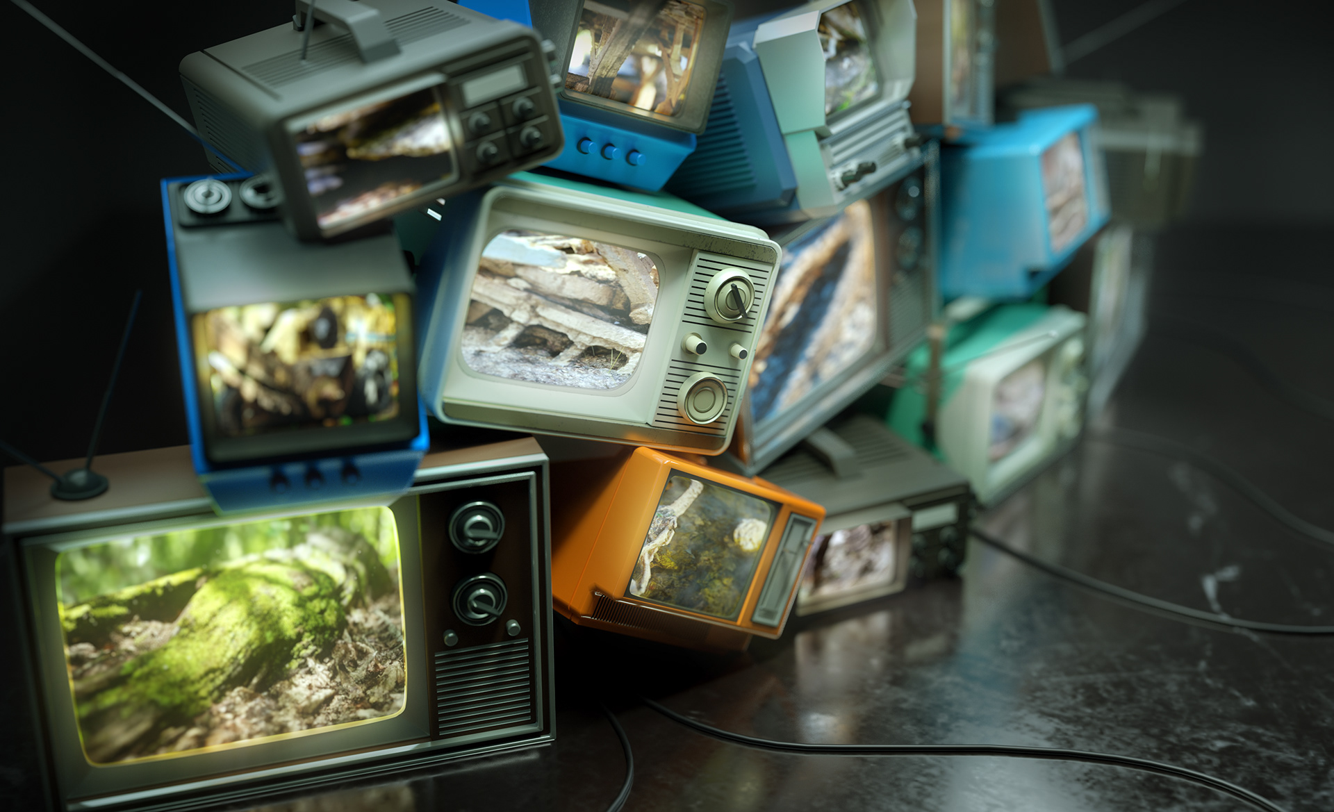 A close-up of the television stack.