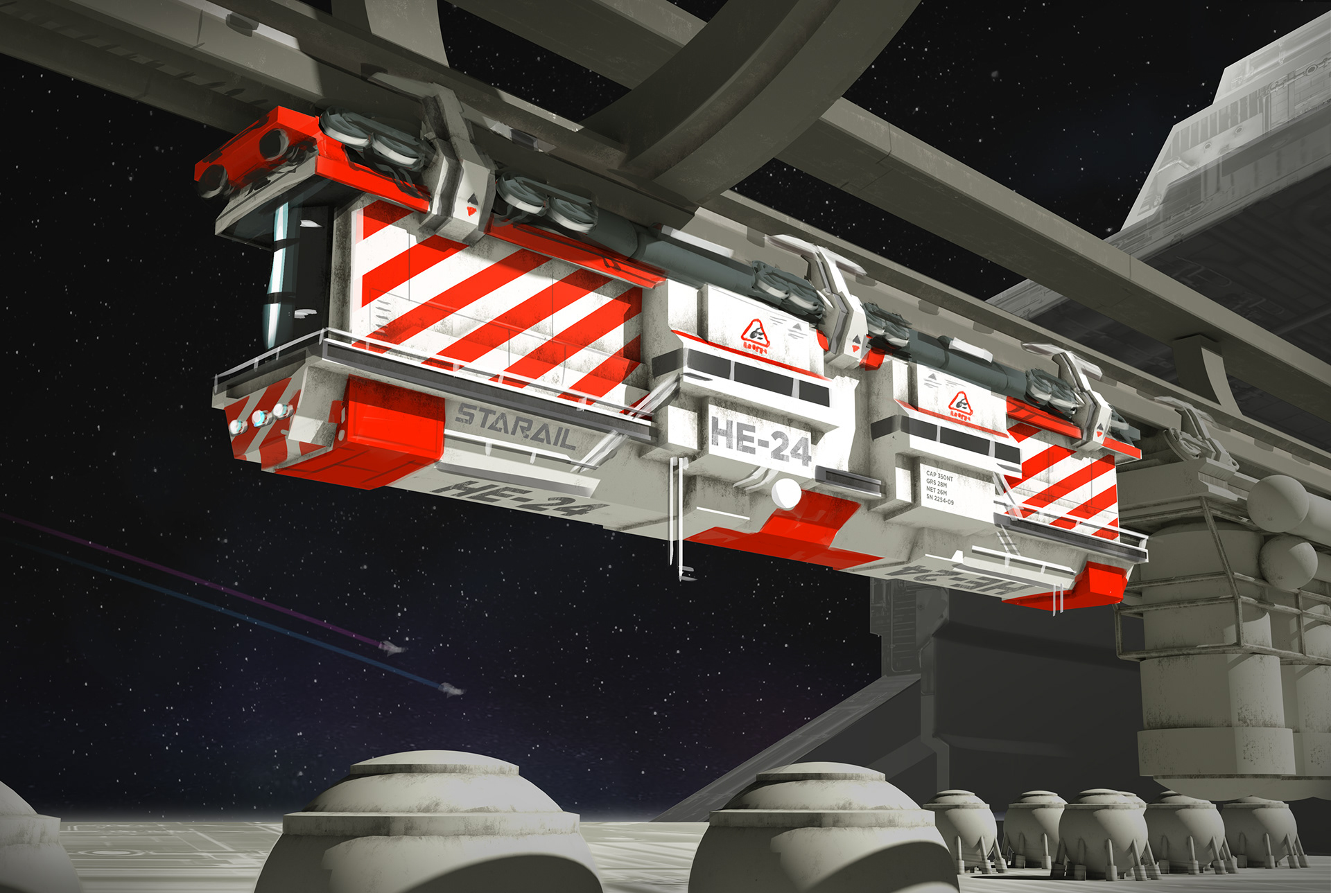   The docks are connected by cargo trains that are able to operate in a variable-gravity, variable-atmo environment. The locomotives are the workhorses of the rolling stock. 