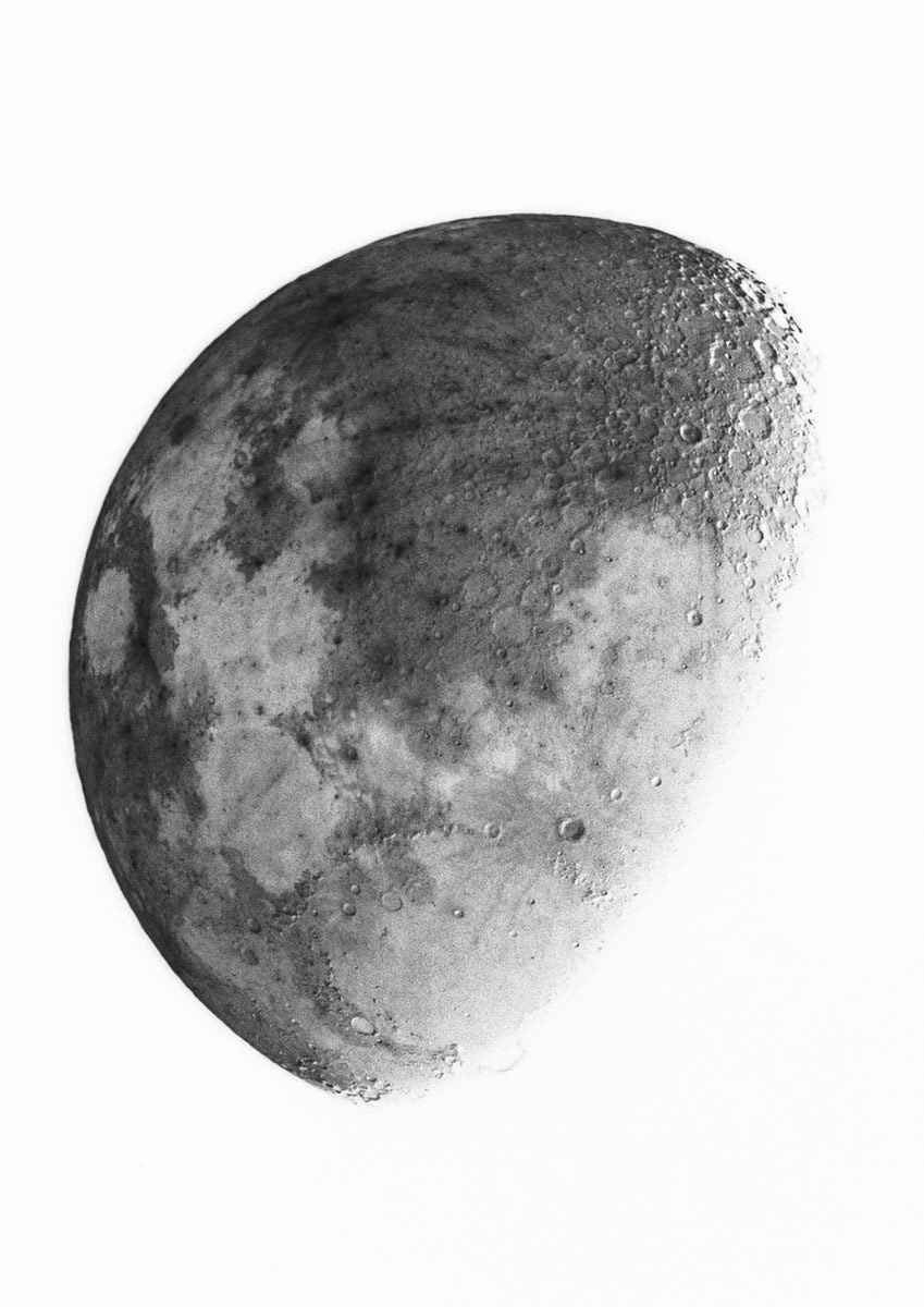 ¾ Moon - The moon has become a representation of the higher power in my life that supports me in finding my path through the darkest parts of my journey. Powerful enough to move oceans, and always there, whether or not you can see her. Despite being a fraction the size of the all powerful sun, she stays so close that she can perfectly eclipse it when she wants. As an homage to that, this photograph has been inverted, making light dark and dark light. 