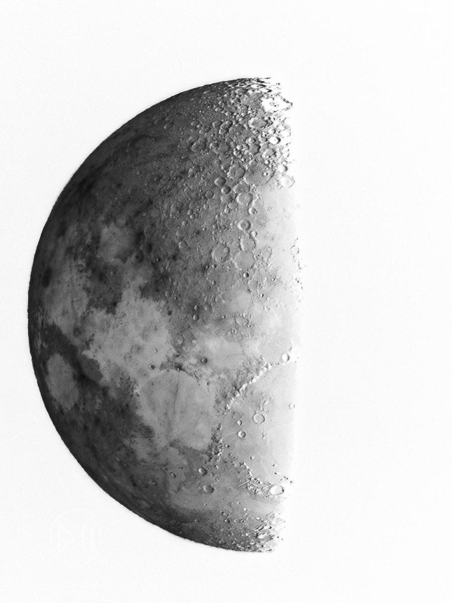 Half moon - The edge of light and shadow on the half moon captivates me and helped me for the first time visualize and understand the arrangement of our planet, our moon and our sun in their cosmic dance. It is truly amazing to me that in this dance, her rotation in space and revolution around earth means that she never shows us her “dark side.”