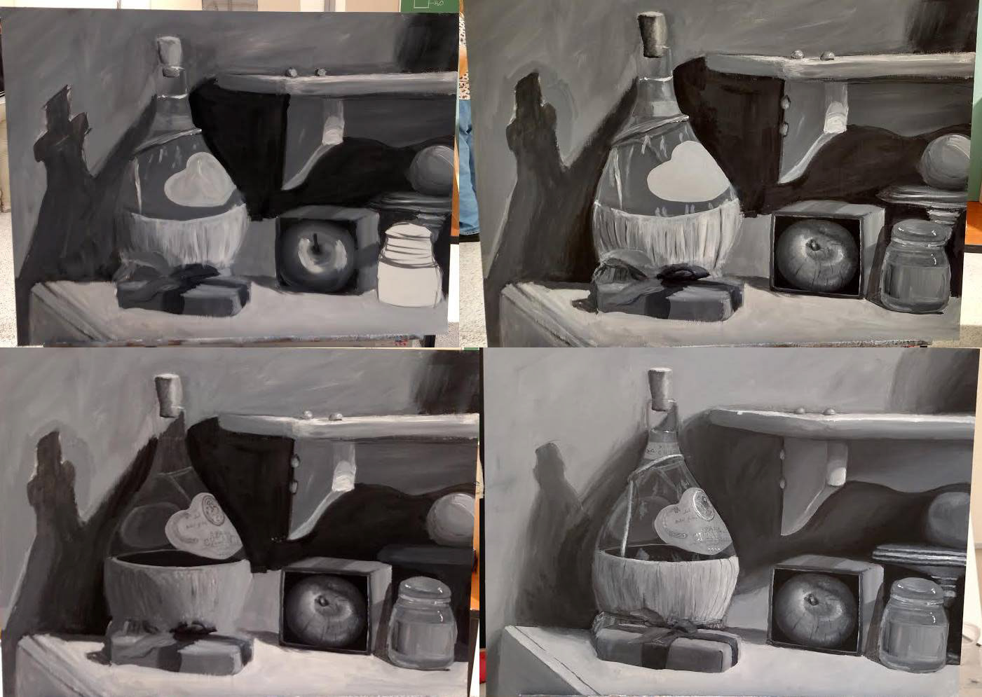 A still life black-and-white painting in progress
