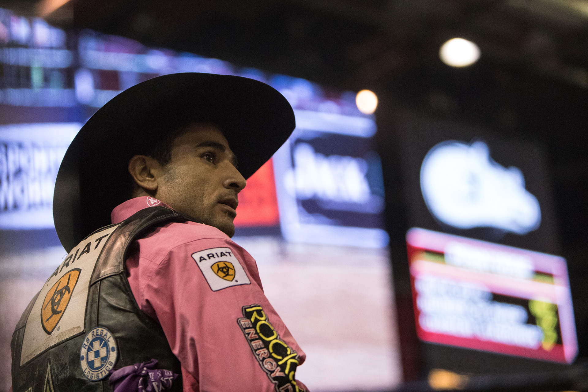 A rider checks the scoreboard after a ride during the Professional Bull Riders show at the Ford Idaho Center in Nampa on Oct. 20.