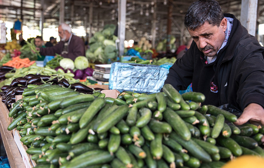 A vendor checks over his produce for sale in the Hisbeh Street marketplace, down one of the five roads that branch off the main square in Ramallah. Directly in the heart of the West Bank, Ramallah’s vibrant market is not easily missed, distinguishable by colorful umbrellas and the cries of street vendors to passerby