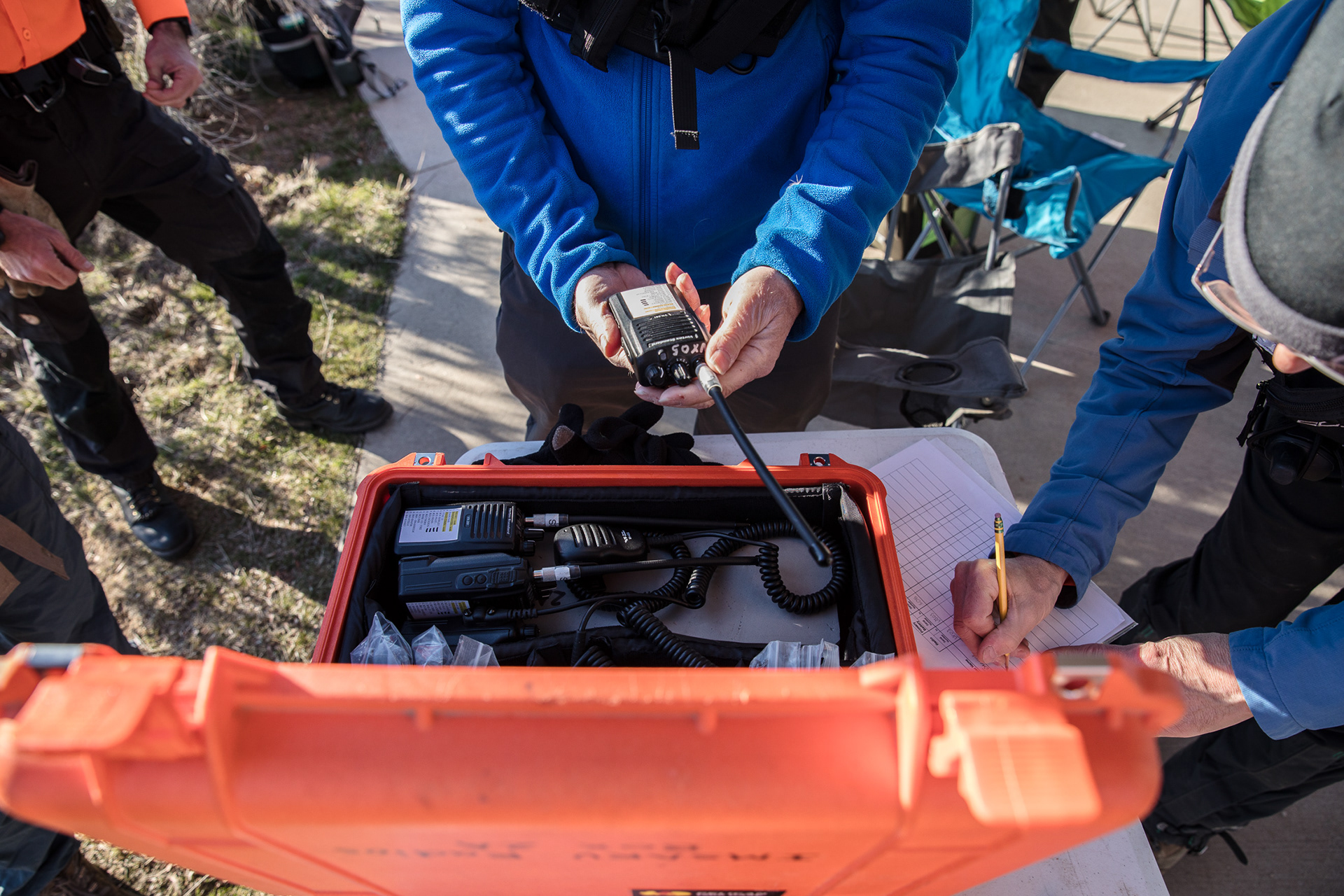 Unit members check out GPS systems and radios during a field training on March 16 at Bonneville Point just outside of Boise.