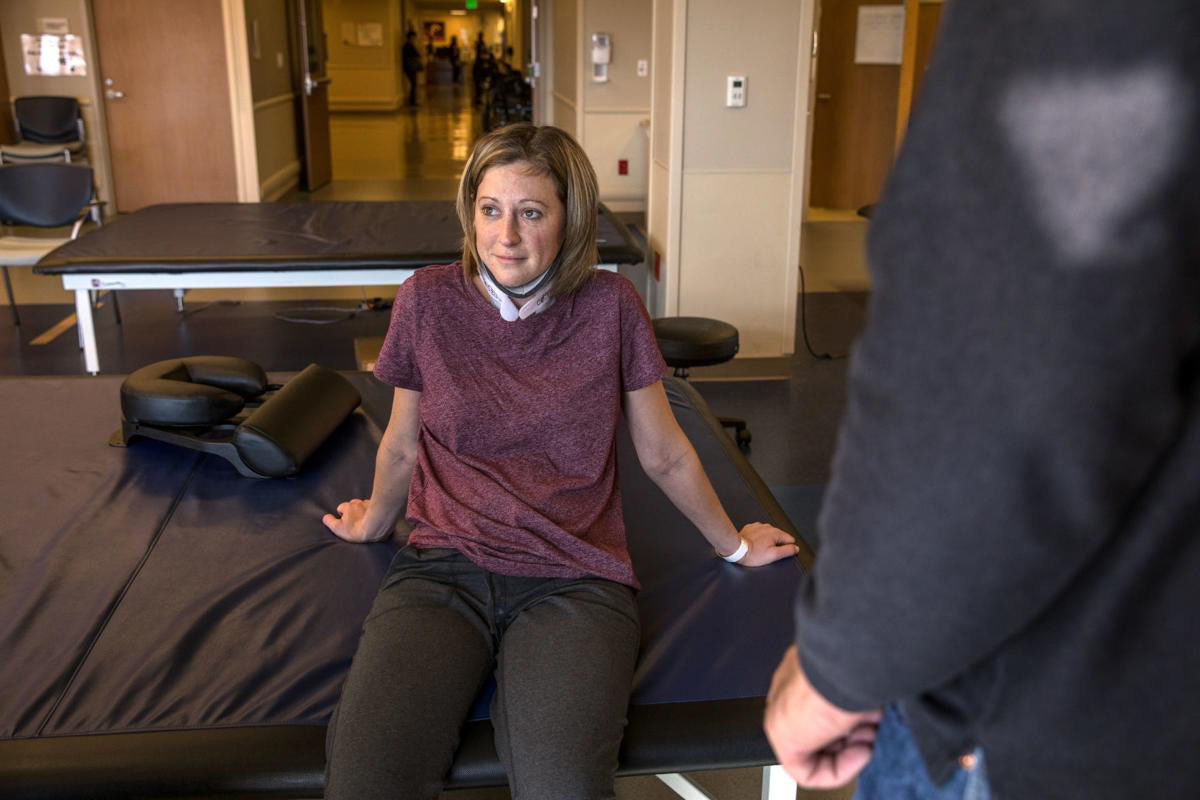 Nikeela Black rests after a physical therapy session at Craig Hospital in Englewood, Colo., on Oct. 17.