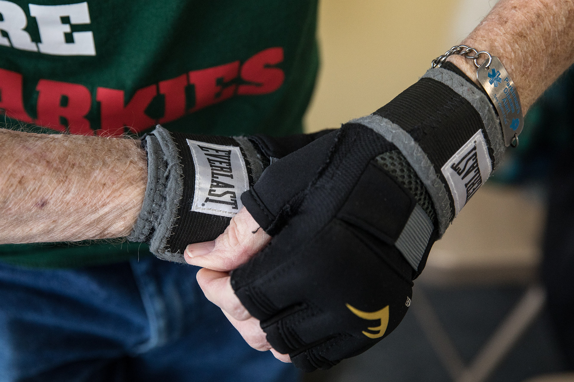 Russ Harold prepares for a Rock Steady Boxing class in Syracuse. Harold uses boxing to help cope with his Parkinson's symptoms.