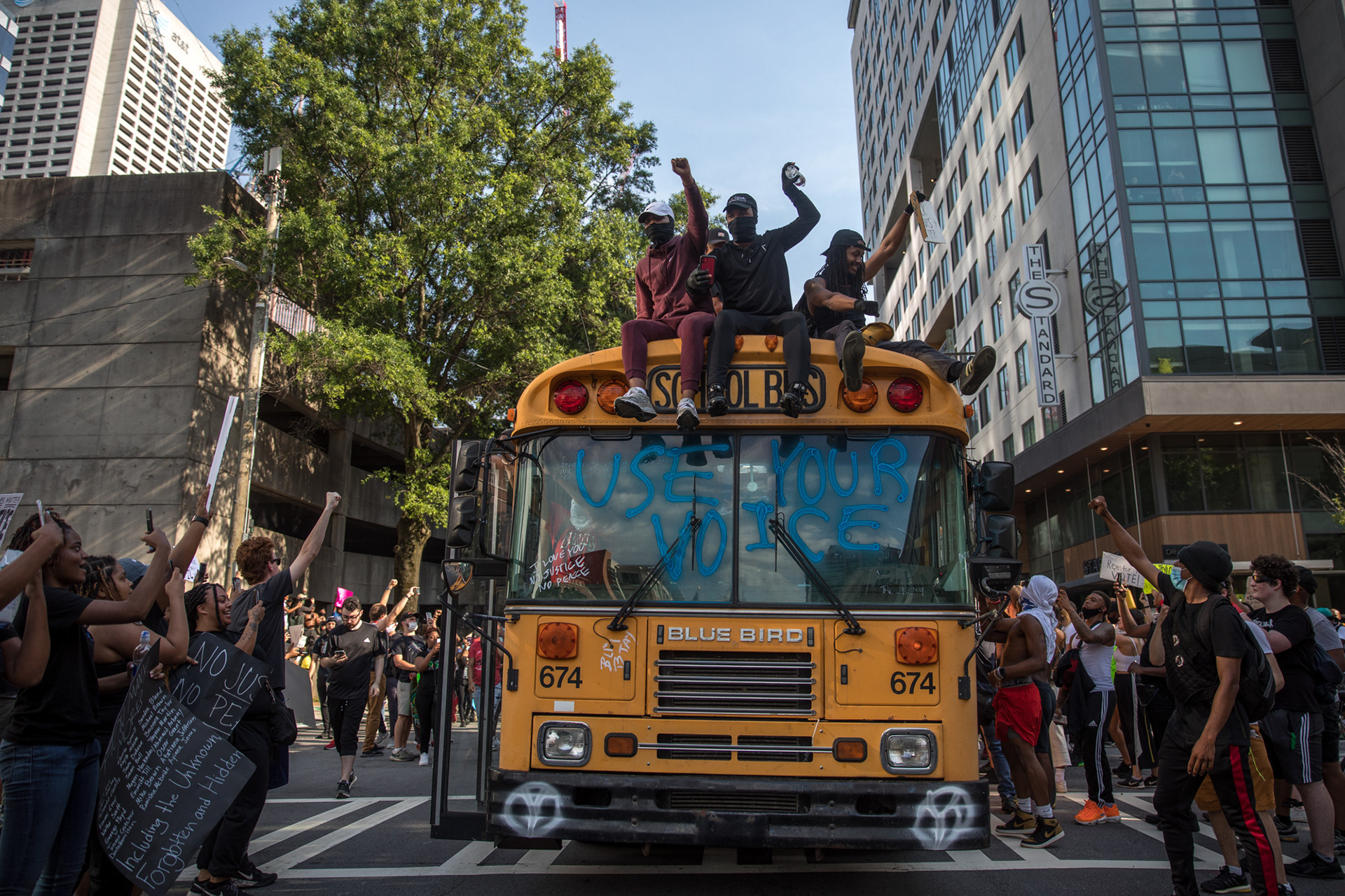 A peaceful protest of hundreds makes its way through the streets of downtown Atlanta June 2.