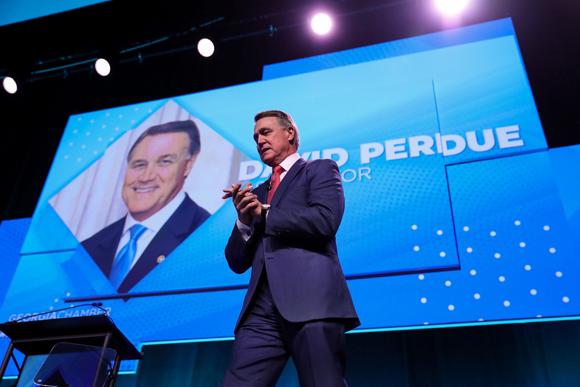 U.S. Sen. David Perdue speaks at the Georgia Chamber of Commerce Eggs and Issues events in Atlanta on Jan. 15.