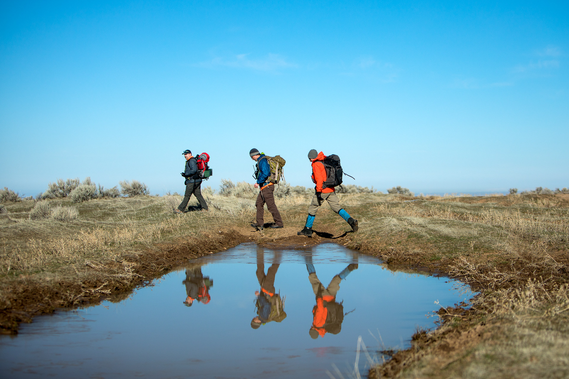 A team of unit members sweep their search area during a field training on March 16 at Bonneville Point just outside of Boise.