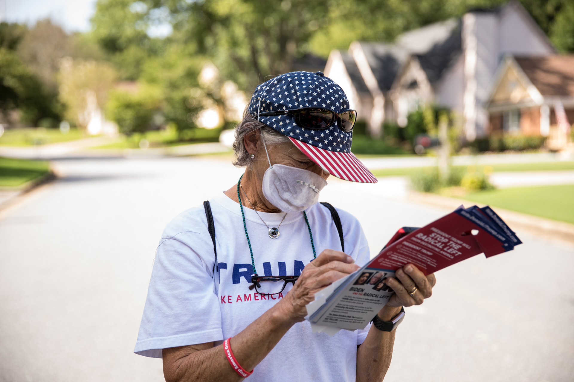 Debbie Norris, 71, door knocks for the Trump Victory campaign in Alpharetta, Georgia on Sept. 2.