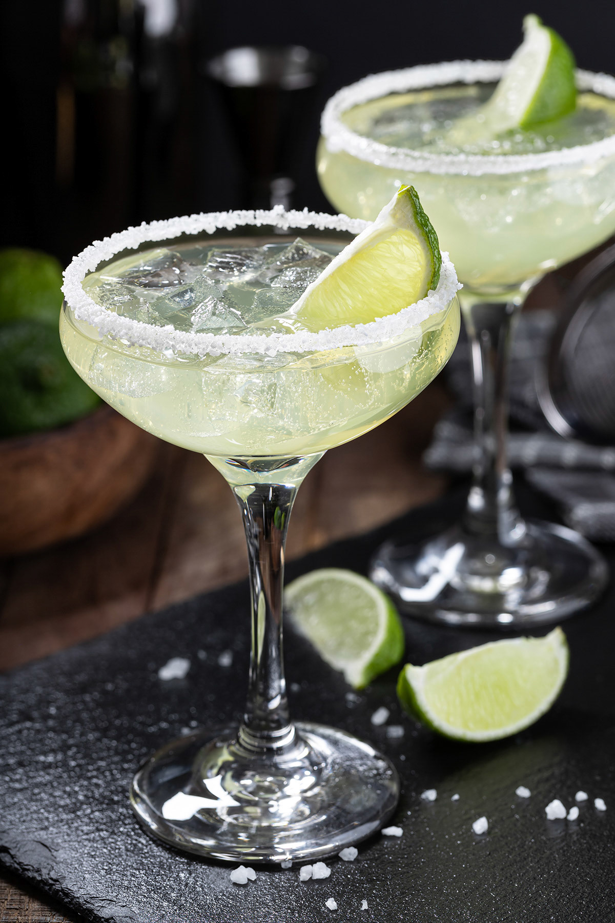 Margarita with ice, lime and salt rim
