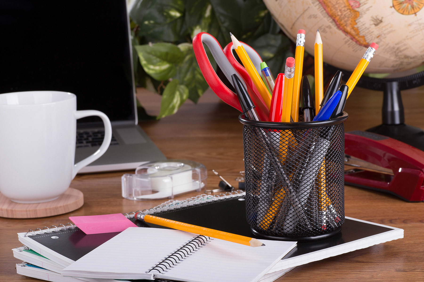 Assortment of office supplies on a desk