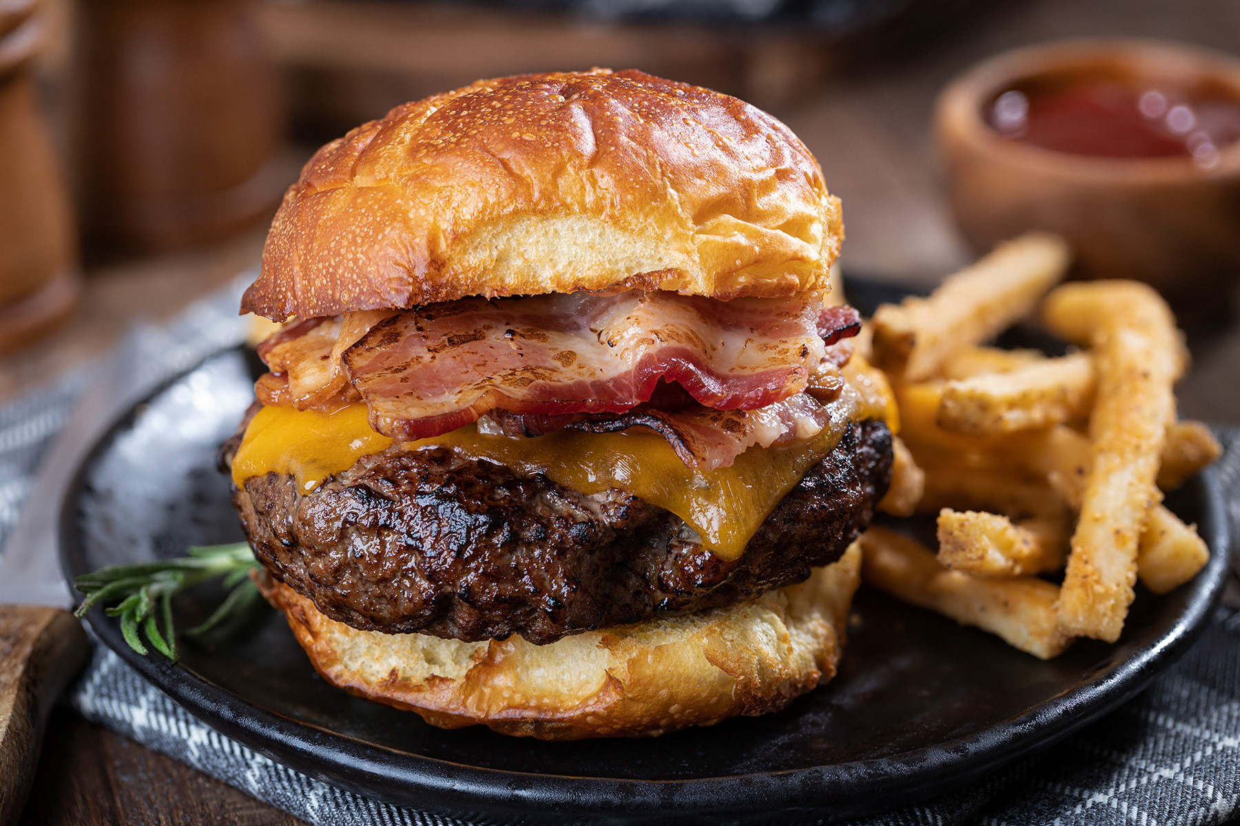 Bacon cheeseburger on a toasted bun